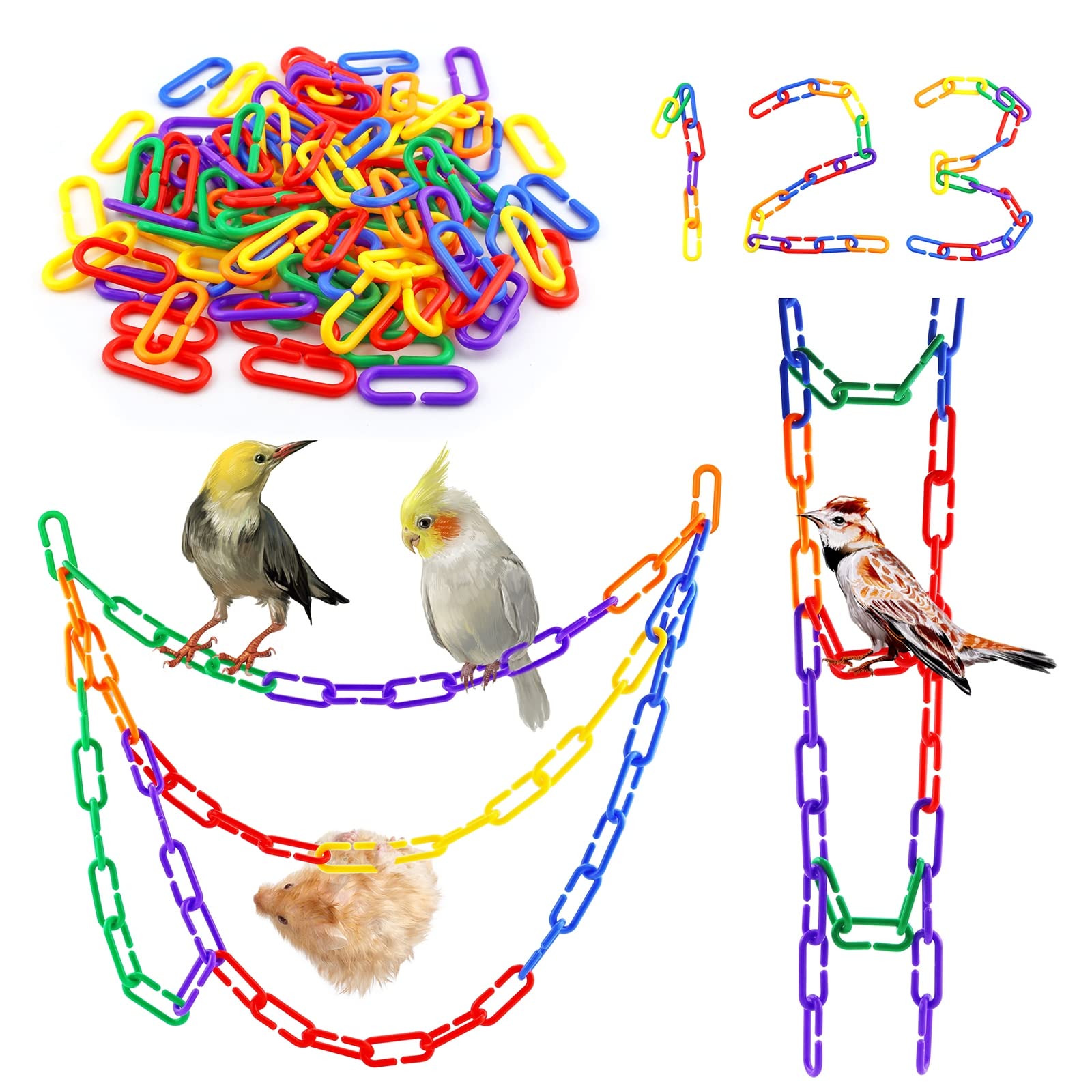 Jialeey 100 Piece Plastic C-Clips Hooks Chain Links Rainbow C-Links Children'S Learning Toys Small Pet Rat Parrot Bird Toy Cage