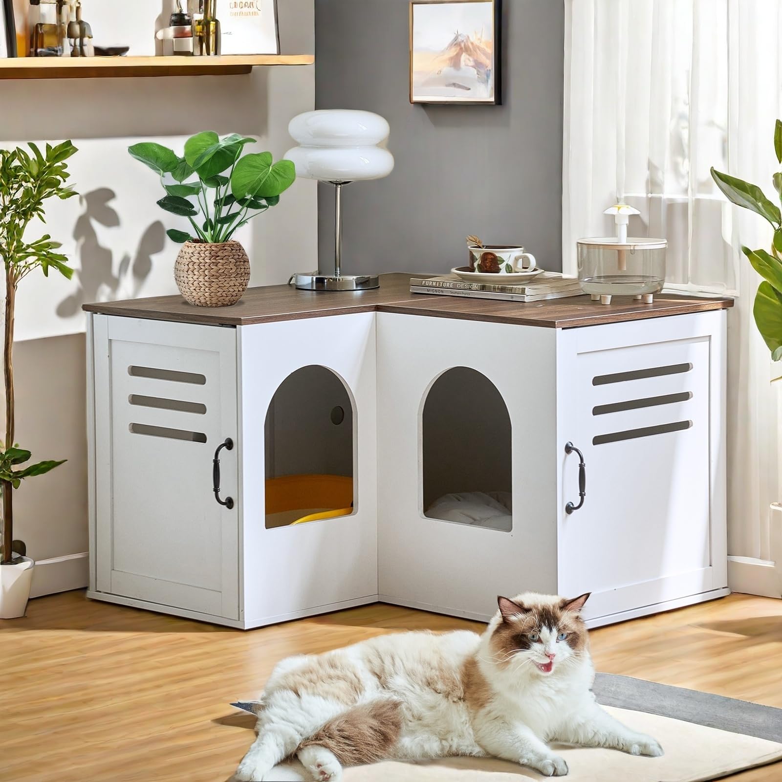 Janflyhome Corner Litter Box Enclosure For 2 Cats, 31.5In Hidden Litter Box Furniture, Litter Box Cabinet With Double Room, Indo