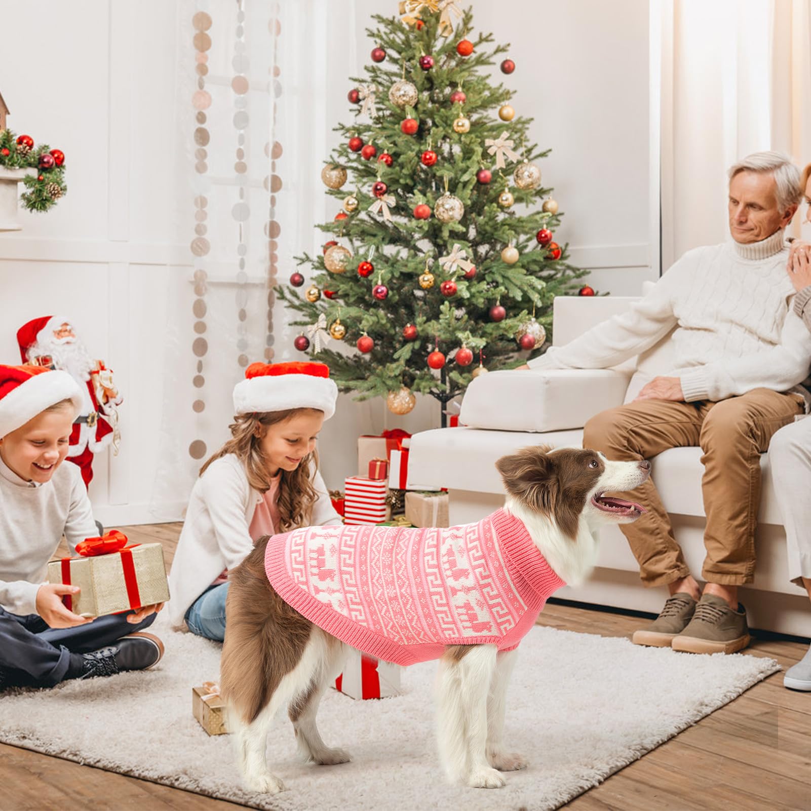 Scenereal Medium Dog Girls-Boys Turtleneck Pullover Winter Dog Clothes, Christmas Outfits, Sweatshirt Knitwear, Pink-Reindeer