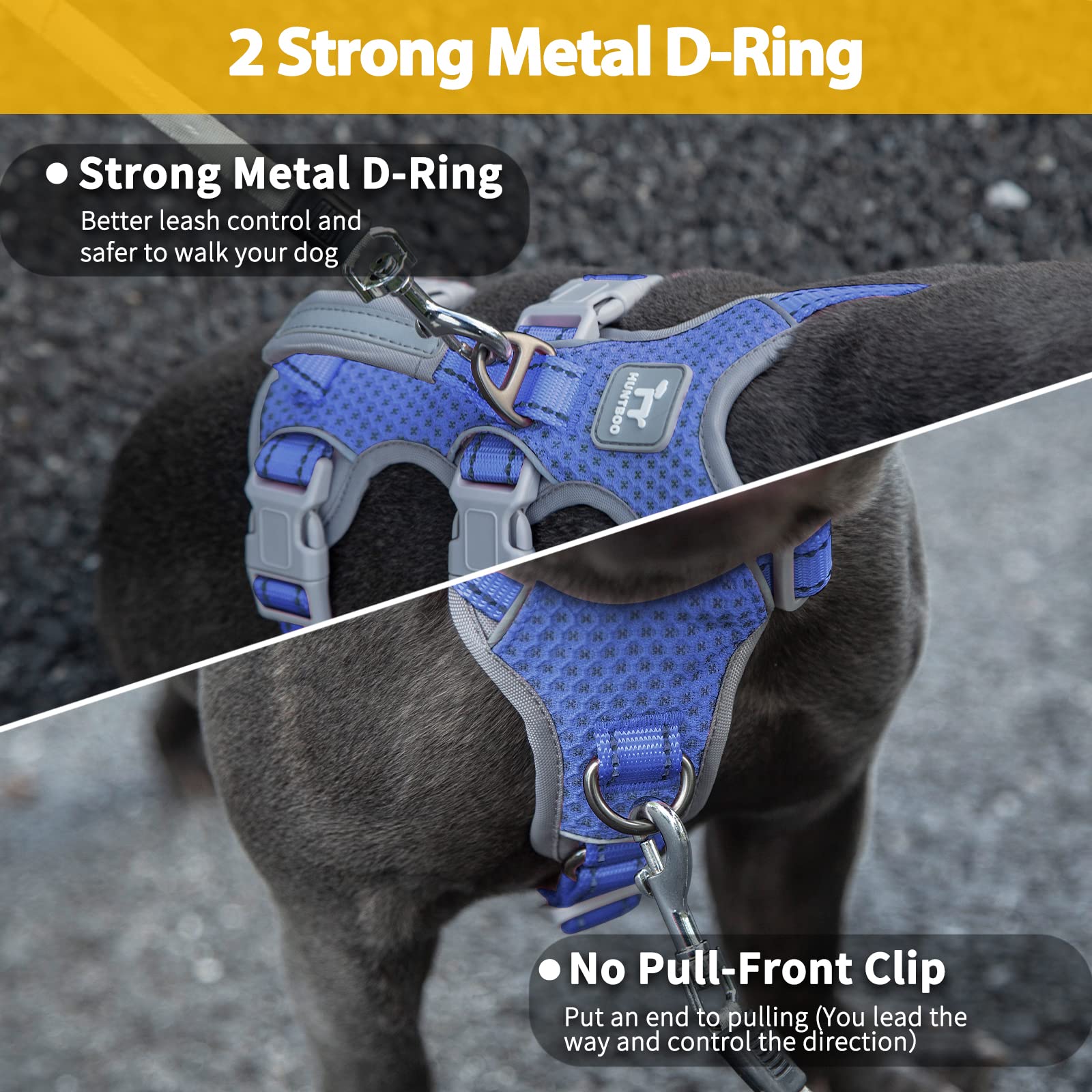 Huntboo Escape Proof Dog Harness, No Pull Reflective Harness with Lift Handle, Adjustable Pet Vest with Front and Back Leash Cli