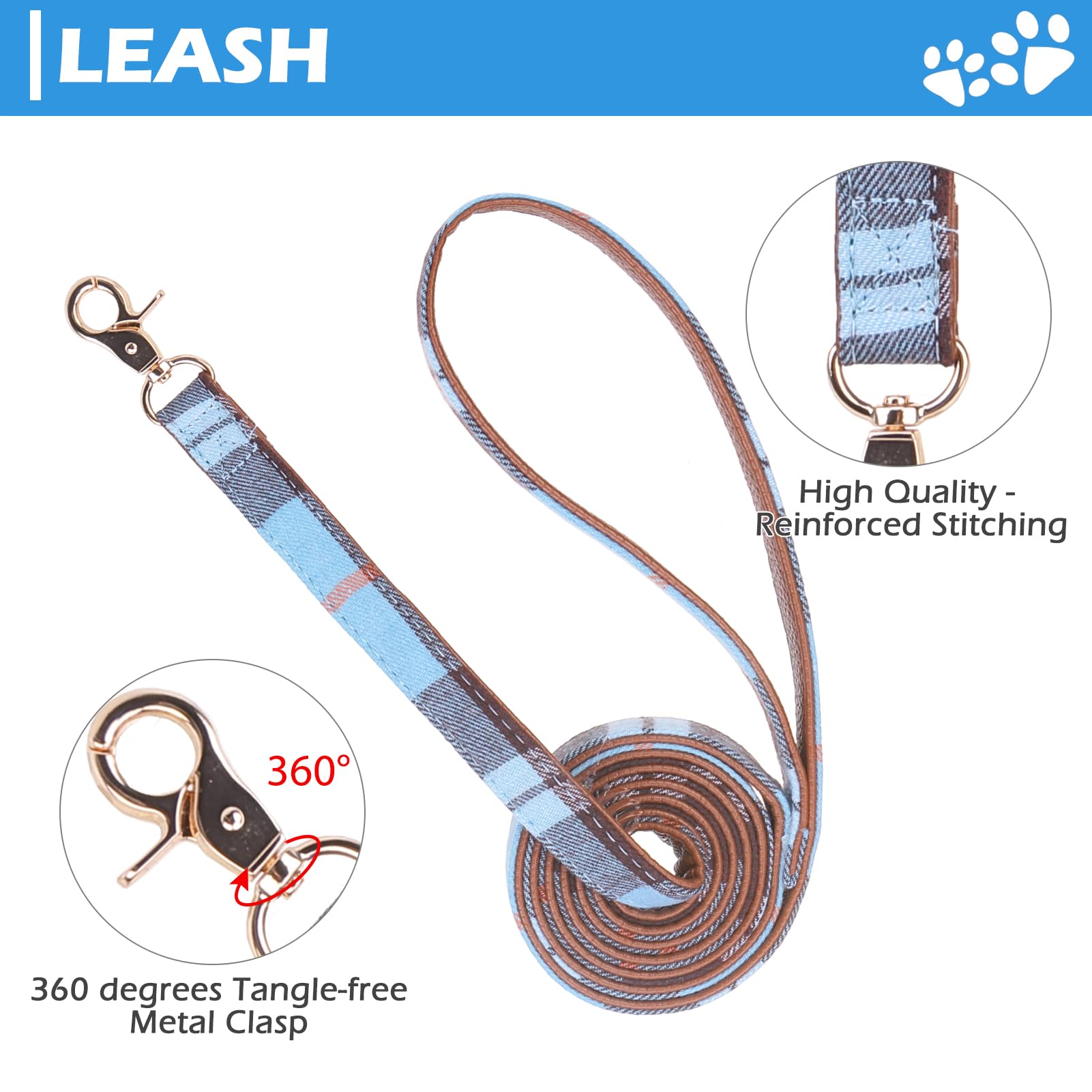 Expawlorer Puppy Collar And Leash Set - Plaid Dog Collar With Bell, Adjustable For Small Dogs Cats, Skyblue X-Small