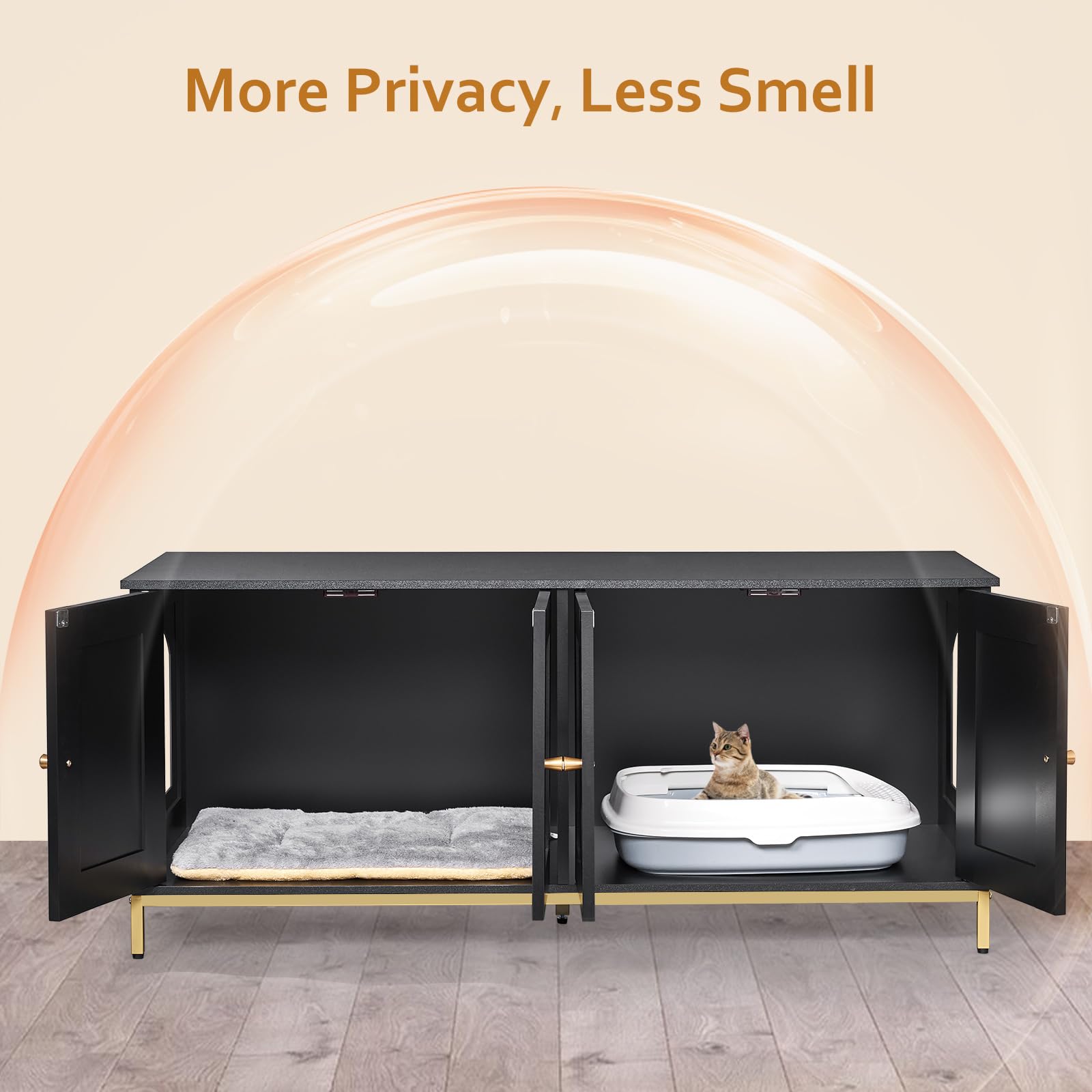 Homhedy Cat Litter Box Enclosure For 2 Cats, Cat Washroom Furniture With Double Room, Pet House With Metal Frame, 47.2   L X 17.