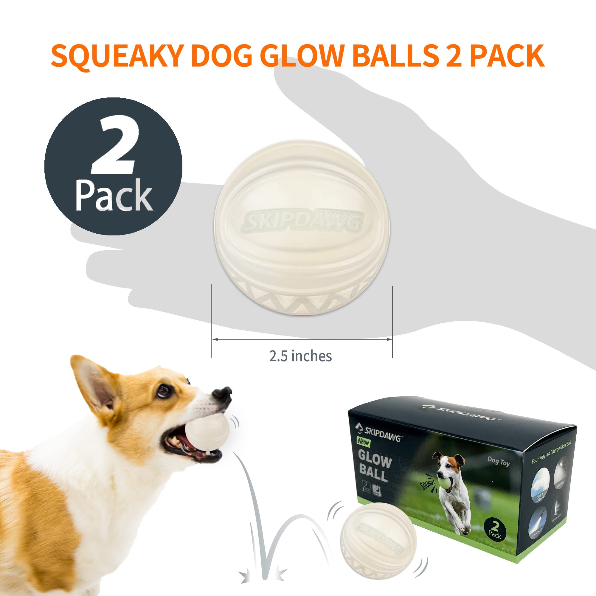 SKIPDAWG Interactive Dog Glow Balls, Rubber, 2.5" Light Up Squeaky Balls, 2 Pack, Durable TPR, Glow Balls