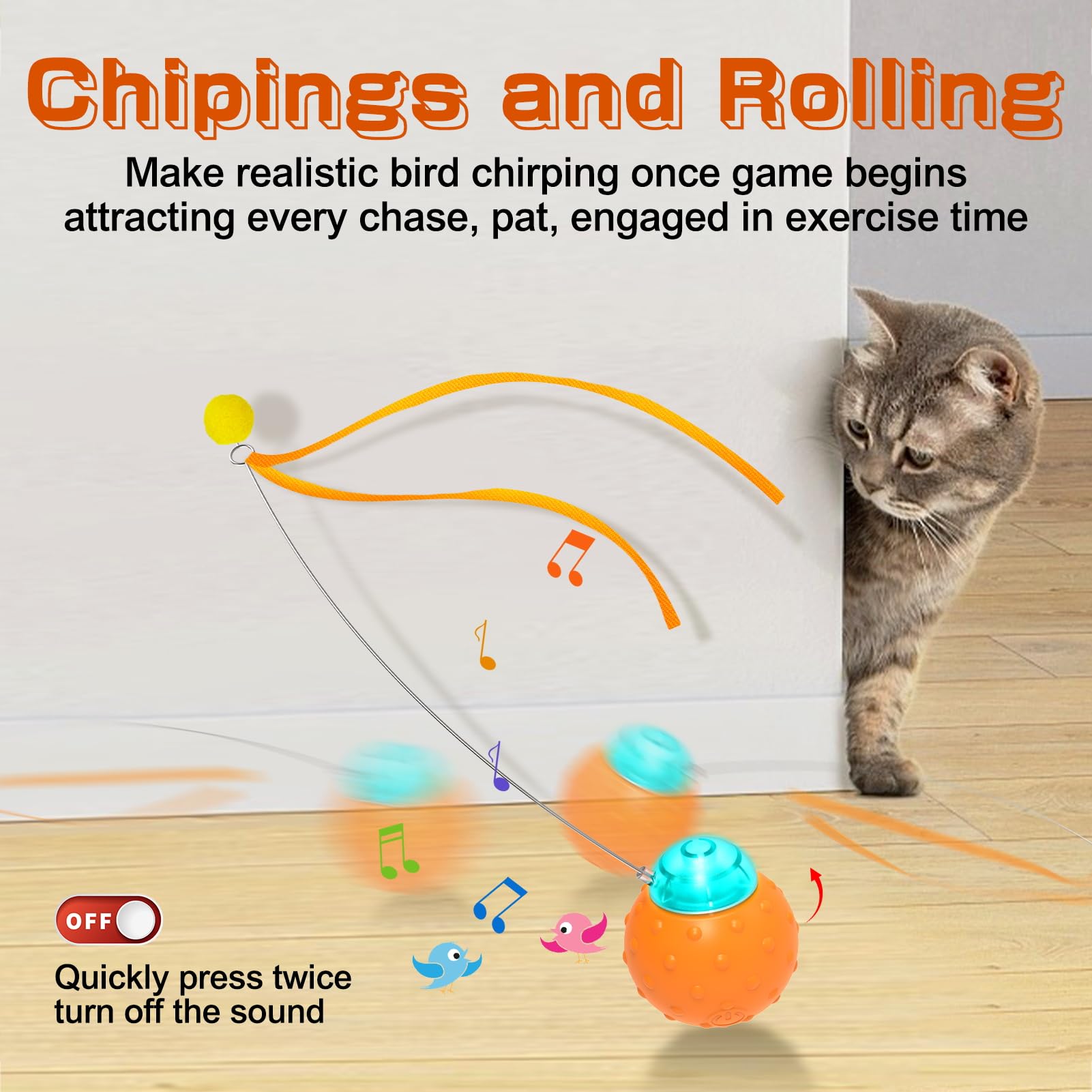 Waaiio Interactive Cat Toy Ball, Touch Activated Cat Toys For Indoor Cats With Chirping Bird, Automatic Rolling Ball, Rechargeab