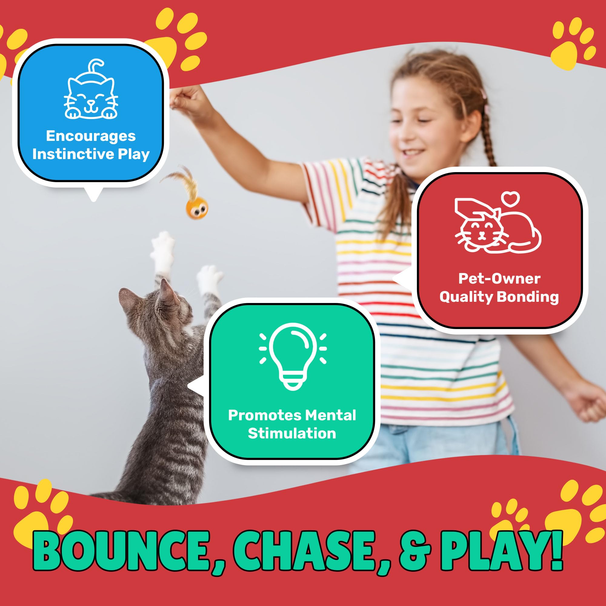 Bouncy Tails 3 Pack Interactive Bouncy Ball with Natural Feathers for Indoor Cats and Kittens who Love to Play and Have Fun.