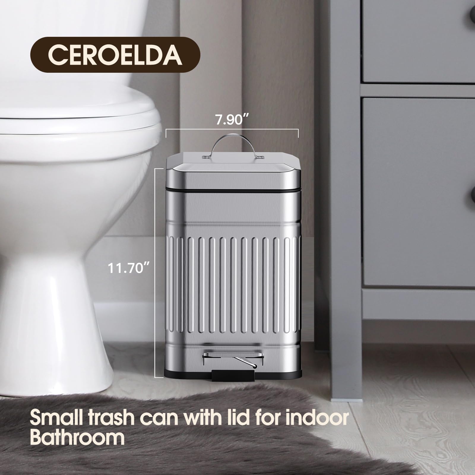 CEROELDA Small Trash Can with Lid, 5L/1.3 Gal Galvanized Steel Waste Bin, Soft Close Step Pedal for Bathroom, Bedroom, Office