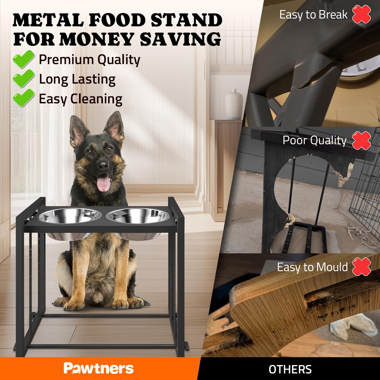 Elevated Metal Dog Bowls For Medium Breed: 4 Height-Adjustable Raised Dog Bowl Feeder Station With 2 Stainless Steel Bowls, Blac