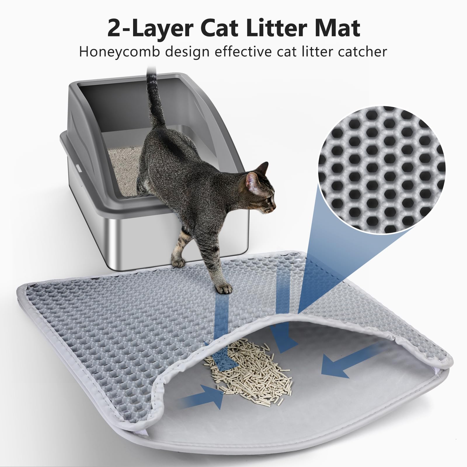 INVENHO Stainless Steel Litter Box - Extra Large, Gray, Anti-Urine Leakage, Includes Cat Mat & Scoop, Model INVENHO-1