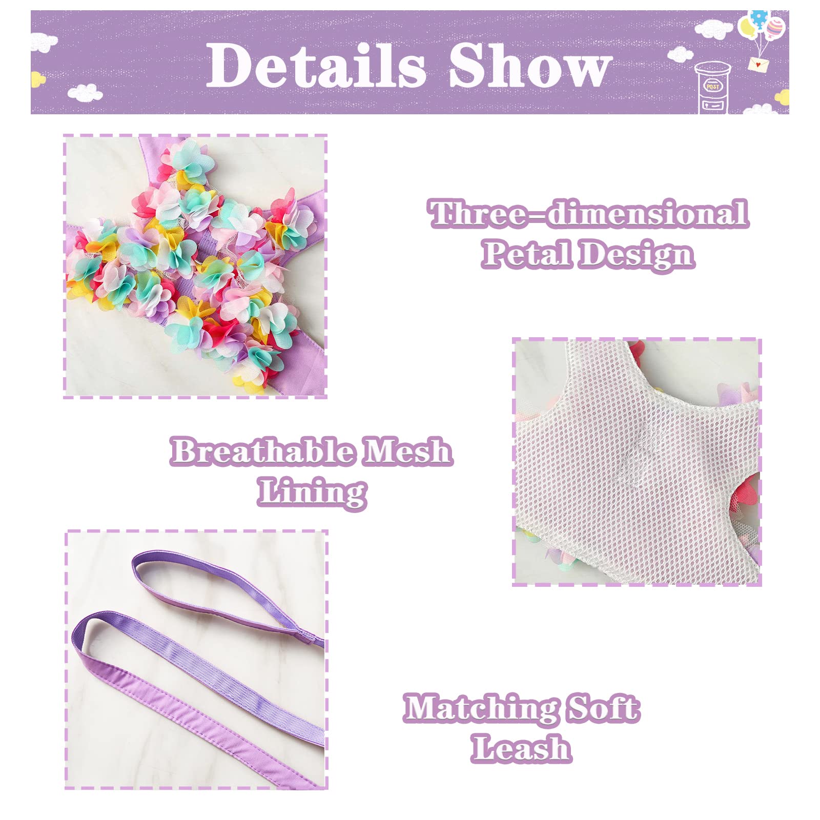 Tengzhi Puppy Dog Harness And Leash Set Purple Lace Floral Dog Vest Harness For Small Dogs Cute Soft Mesh Escape Proof Pet Cat Vest Harness