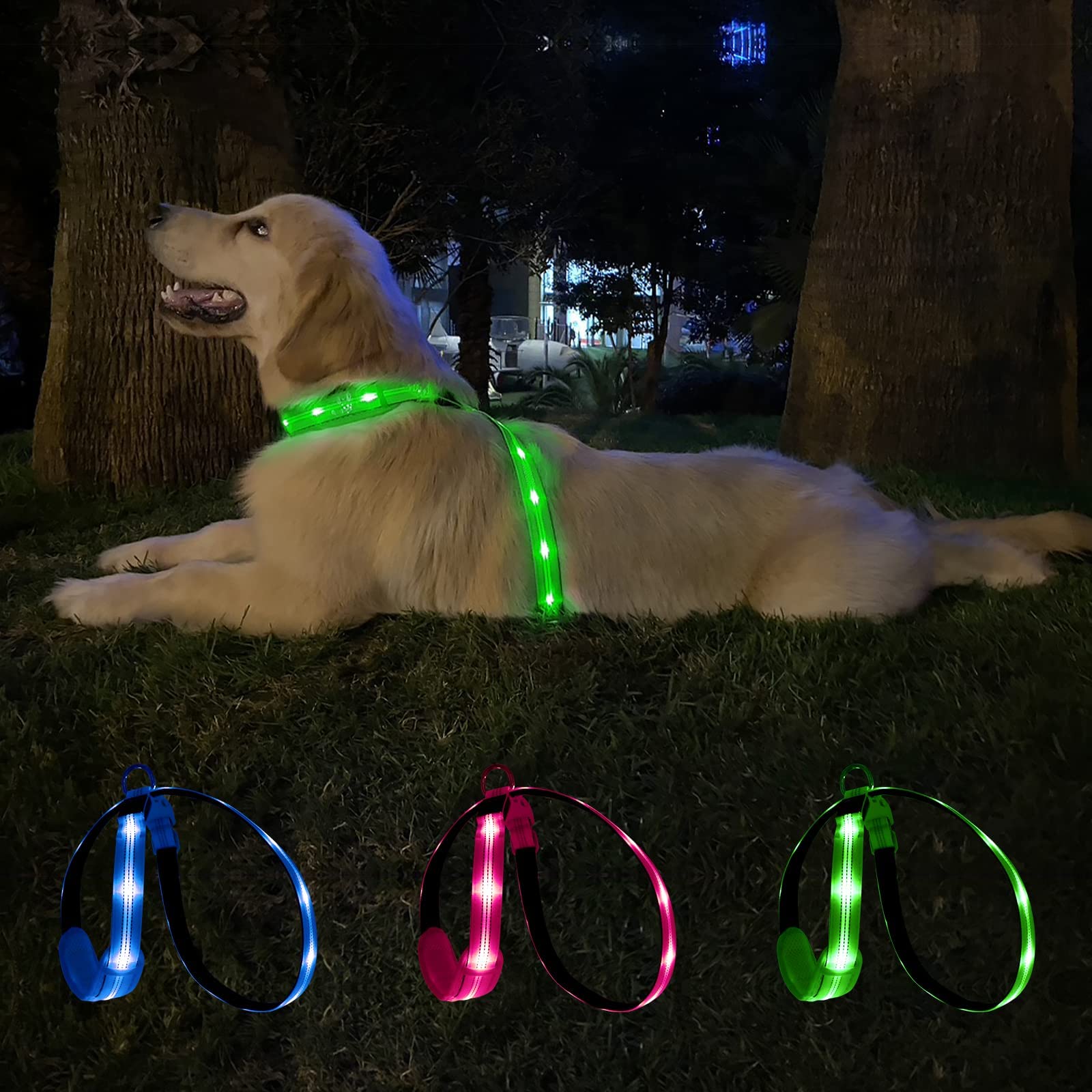 KOSKILL LED Light Up Dog Harness, Rechargeable & Reflective, Glow in The Dark, Green, Size M (Neck? = 96cm) for Night Walking