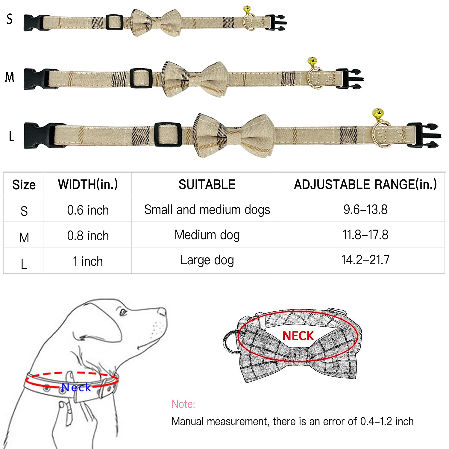 Kudes 2 Pack/Set Dog Collars With Bow Tie And Bells, Adjustable Cute Dog Bow Ties Collar For Small/Medium/Large Boys And Girls Pets (Beige & Brown, S(9.6''-13.8''))