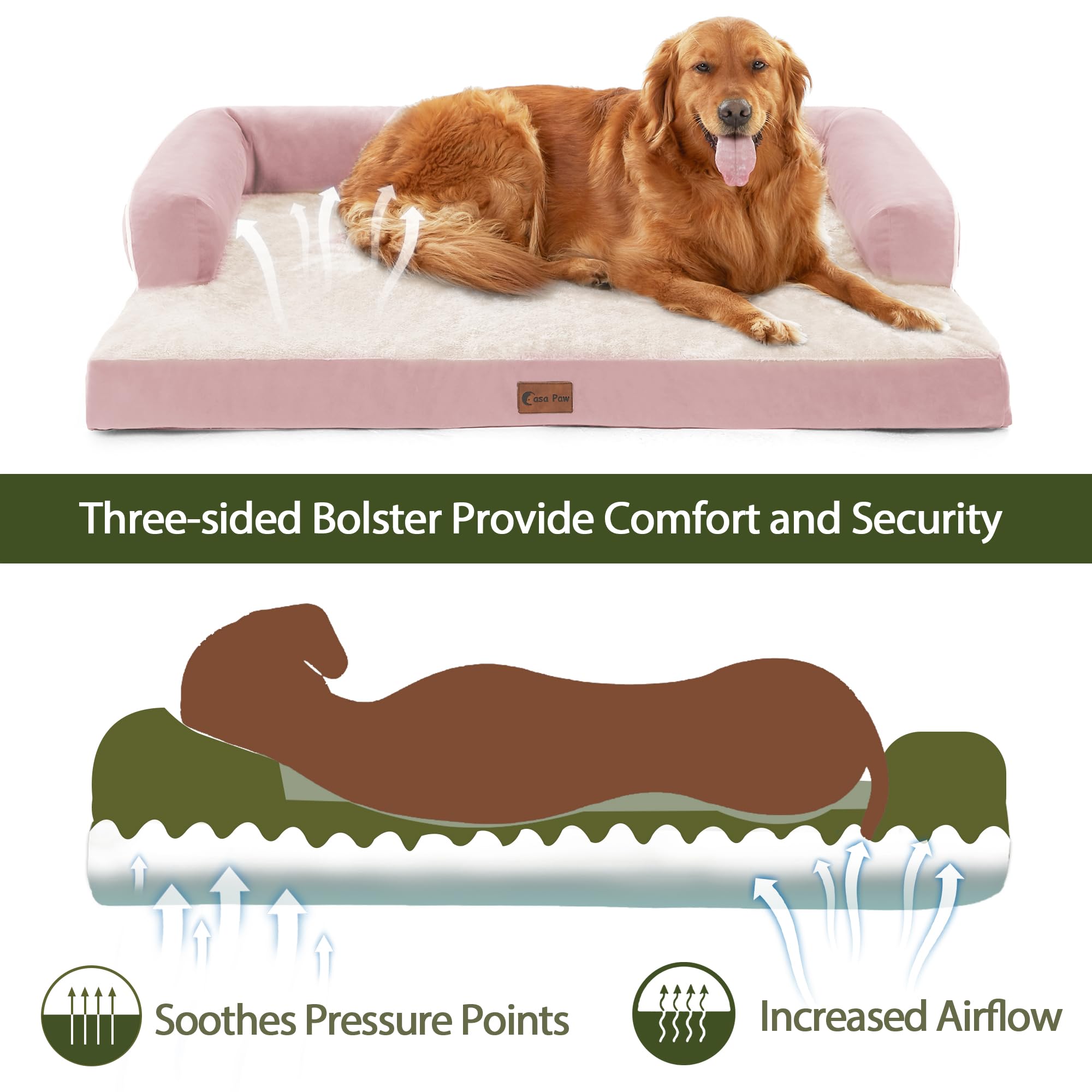 Casa Paw Orthopedic Bed for Extra Large Dogs, Waterproof XLarge Memory Foam Couch With Comfy Bolster, Removable Washable Cover a