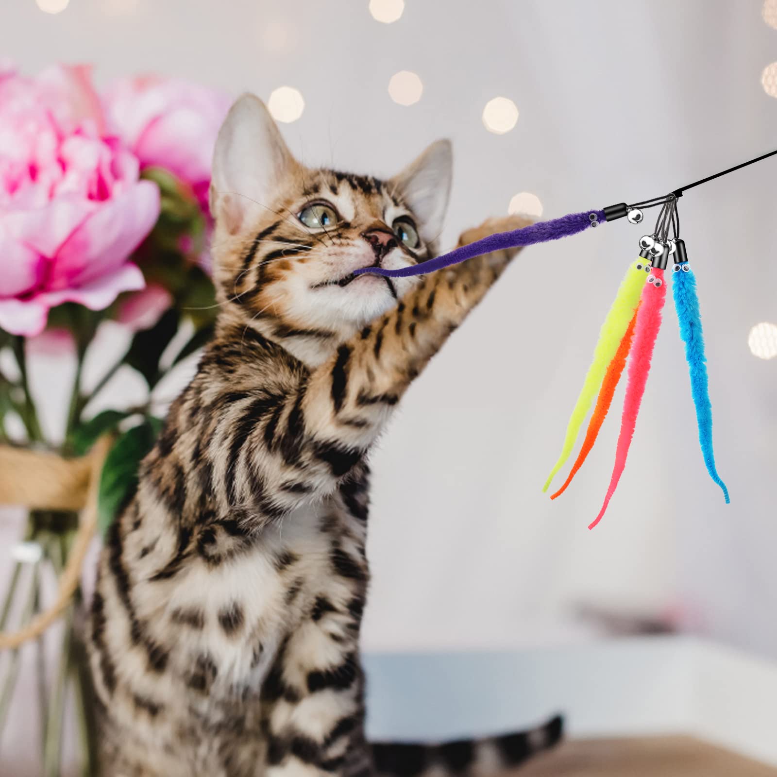 Cobee 12Pcs Cat Worm Toy Refills, Cat Wand Toy Replacement Refills Furry Tail Worm With Bells Assorted Cat Interactive Toy Refills With Bell For Cat Kitten Worm Refills Attachment For Cat Wand