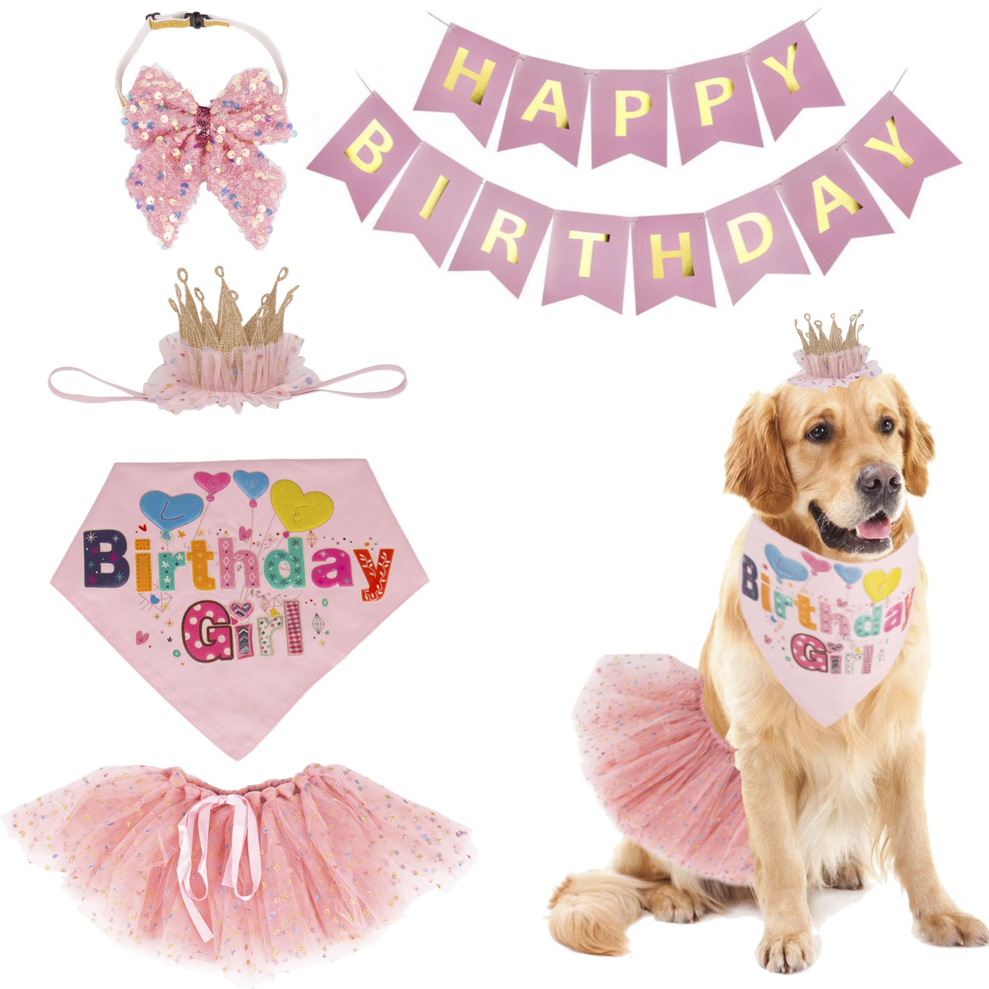 Adoggygo Dog Birthday Hat Bandana Girl - Pet Birthday Party Supplies - Pink Tutu Hat Scarf Bow Banner Set For X-Large Dogs (X-La