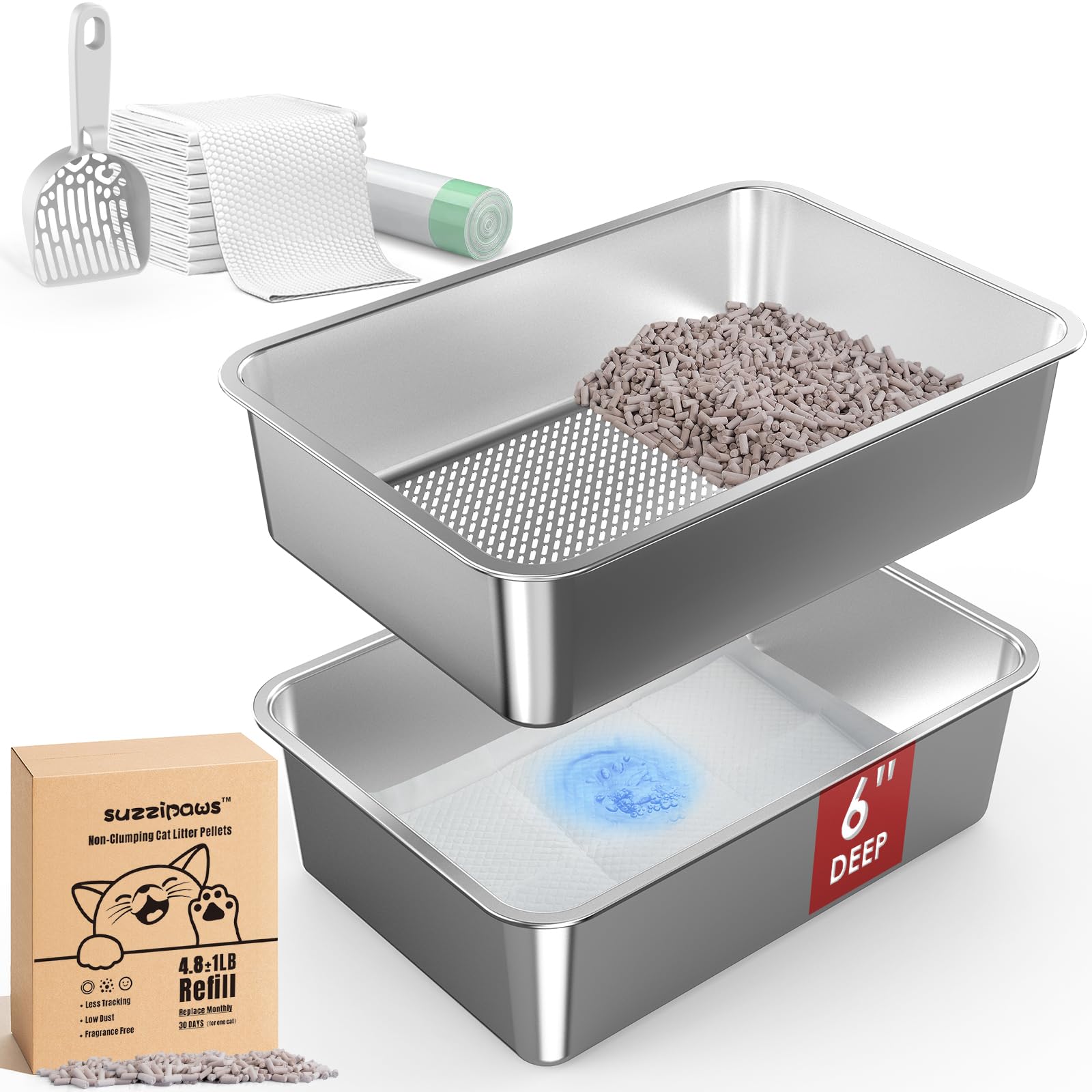 19.7''X13.7''X6'' Stainless Steel Sifting Litter Box, Large Stainless Steel Cat Litter Box For Big Cats, Metal Litter Pan For Wo