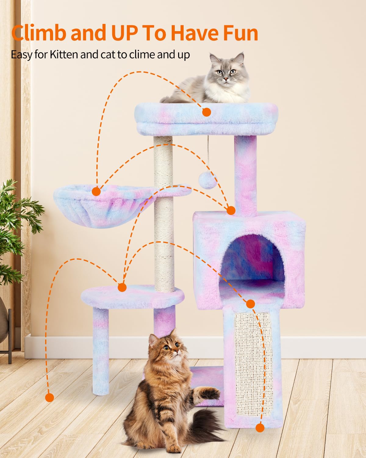 Fish&Nap Cute Cat Tree Kitten Cat Tower For Indoor Cat Condo Sisal Scratching Posts With Jump Platform Cat Furniture Activity Center Play House Rainbow