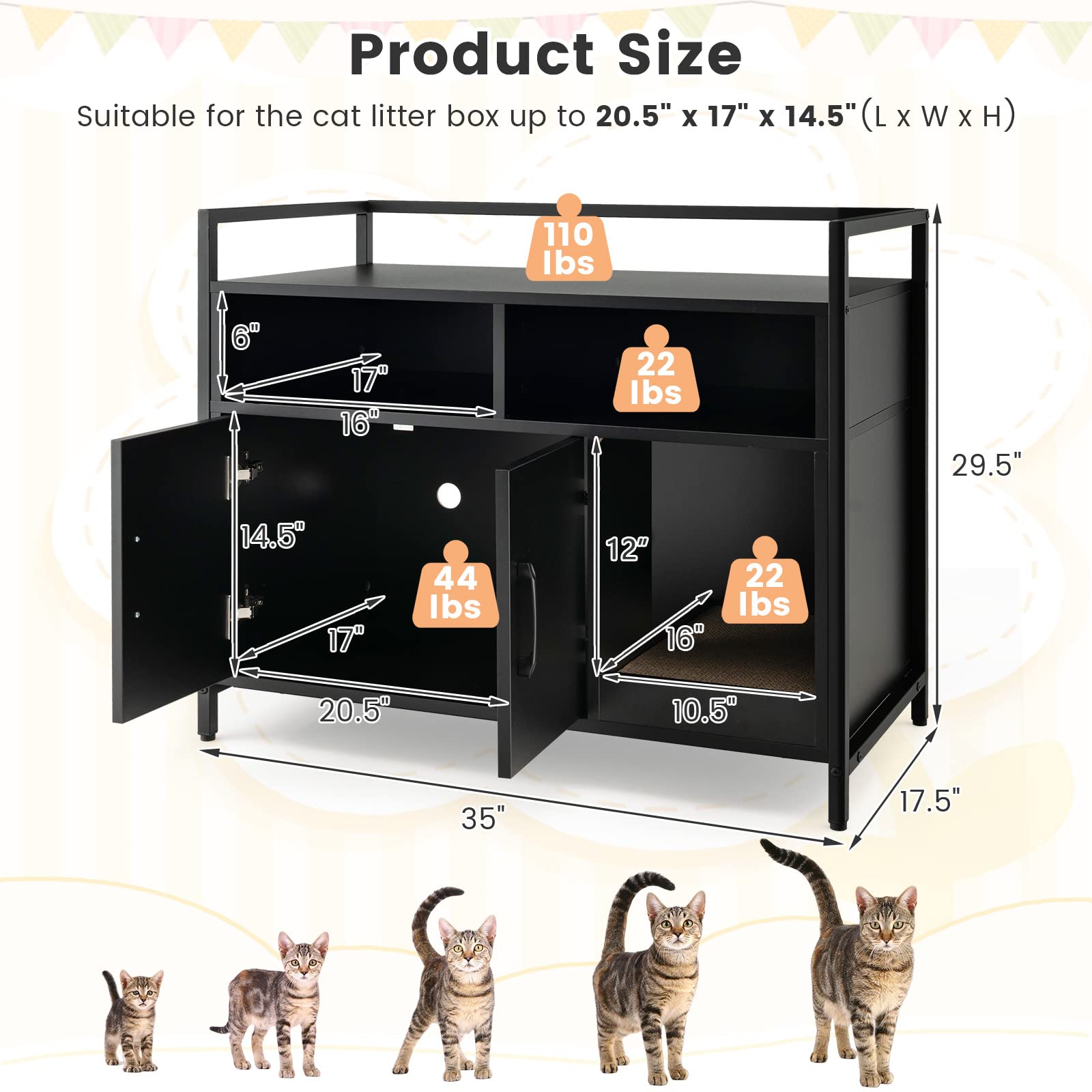 Petsite Cat Litter Box Enclosure, Litter Box Cabinet With Cat Scratcher, 2-Door Storage Cabinet, 2 Open Compartments And Air Vents, Wooden Hidden Litter Box Furniture, Black