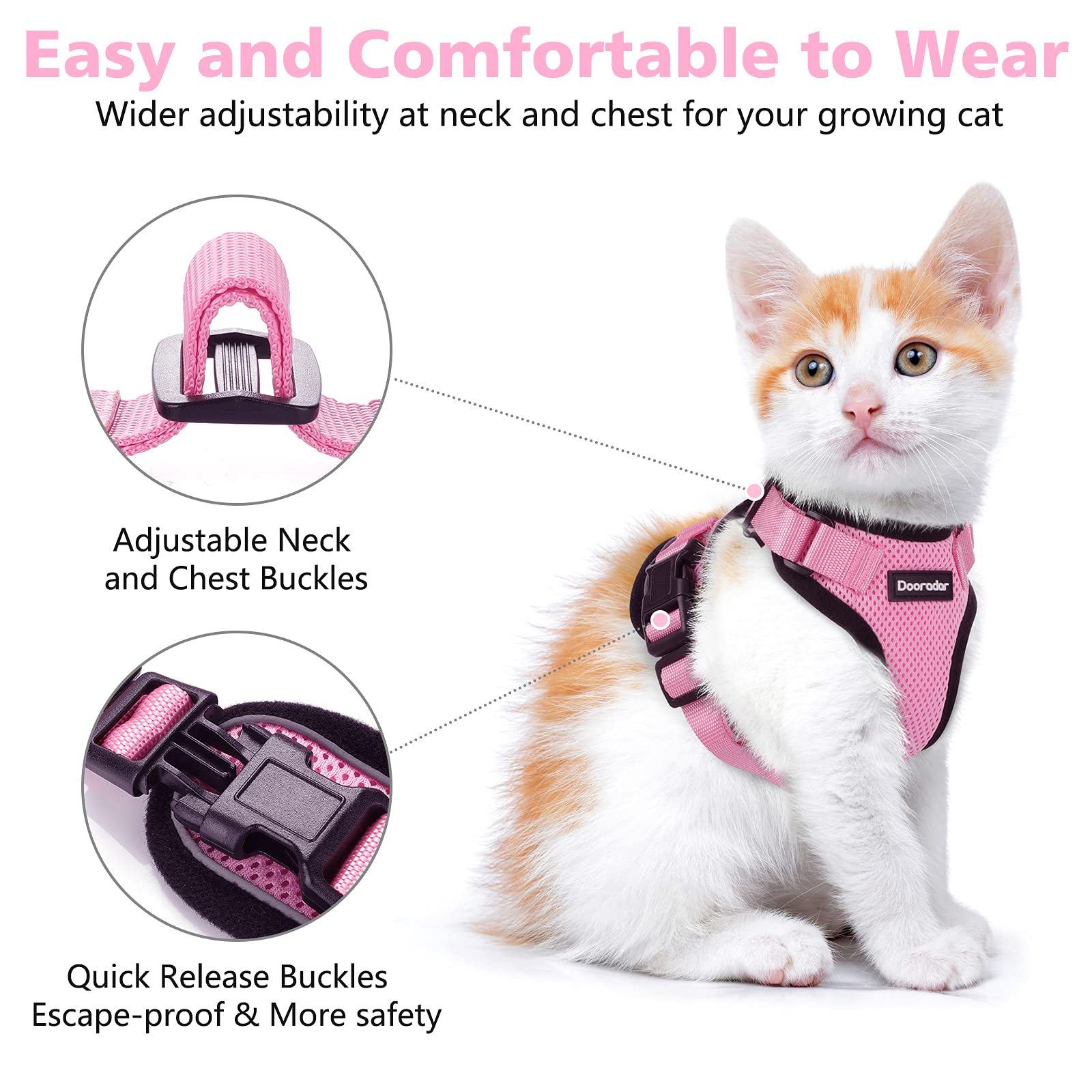 Dooradar Cat Harness and Leash Set, Adjustable Pink XS Vest, Soft Mesh, Escape Proof, Reflective Strips, Model YXMJTZ02XSPK20CW