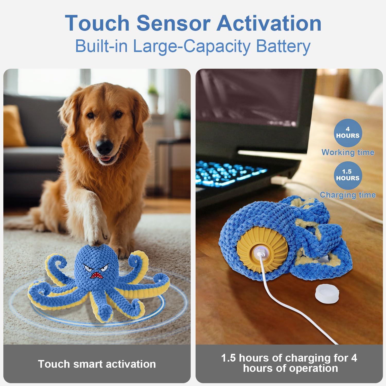 Qraxond Interactive Dog Toys Octopus,Durable Automatic Jumping Dog Toy to Keep Them Busy,Squeaky Moving Tug of War Doggie Toy,US