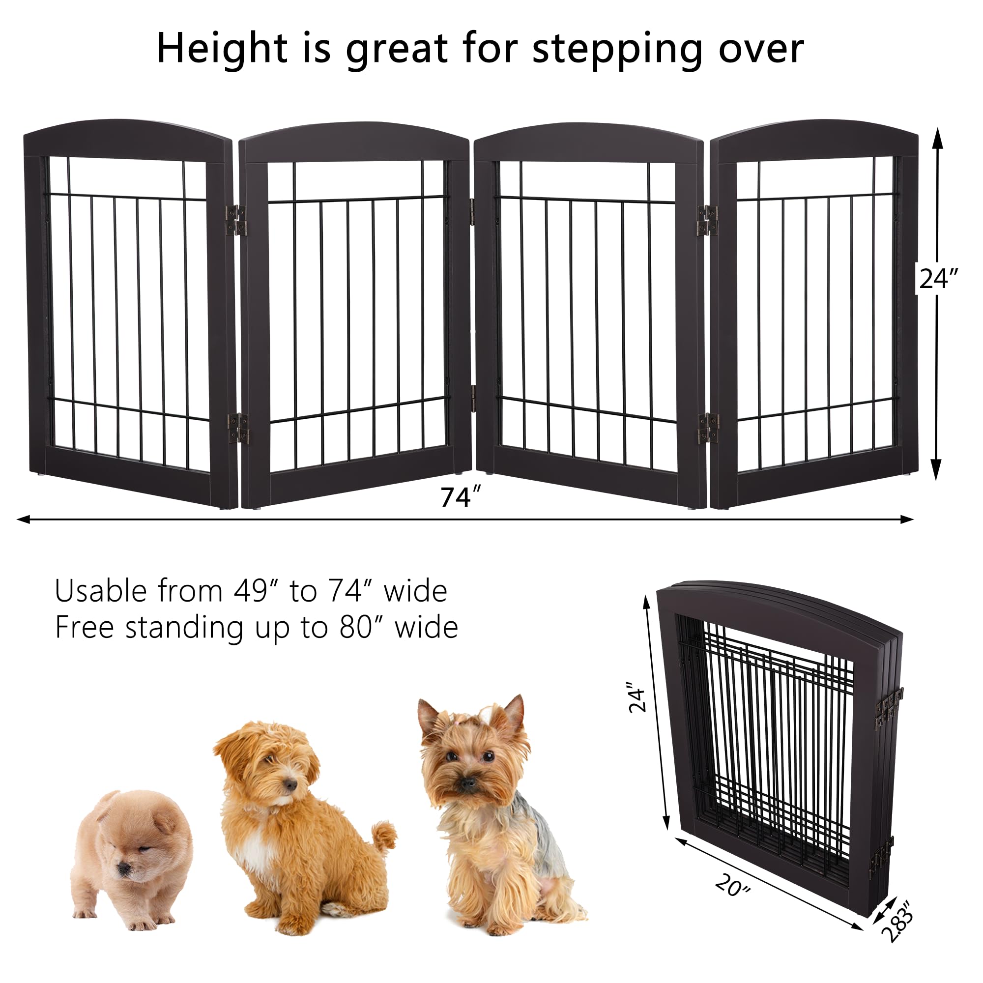 Pawland Dog Gate For The House Doorway Stairs Foldable Freestanding Indoor Pet Gate For Dogs Wooden Puppy Safety Fence 80' Wide 24' Height 4 Panels, Espresso