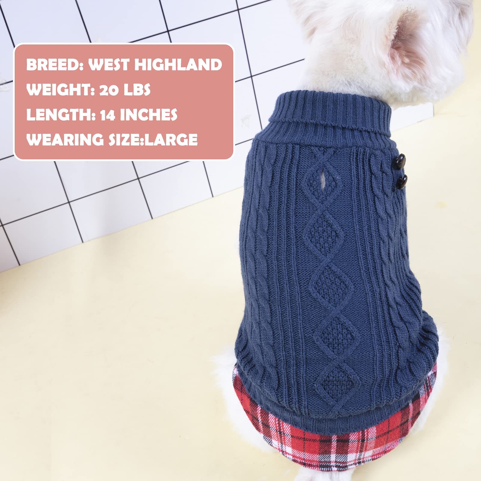 Kyeese Dog Sweaters For Small Dogs Navy Blue With Leash Hole Turtleneck Dog Pullover Sweater With Gingham Patchwork Knit Warm Puppy Sweater