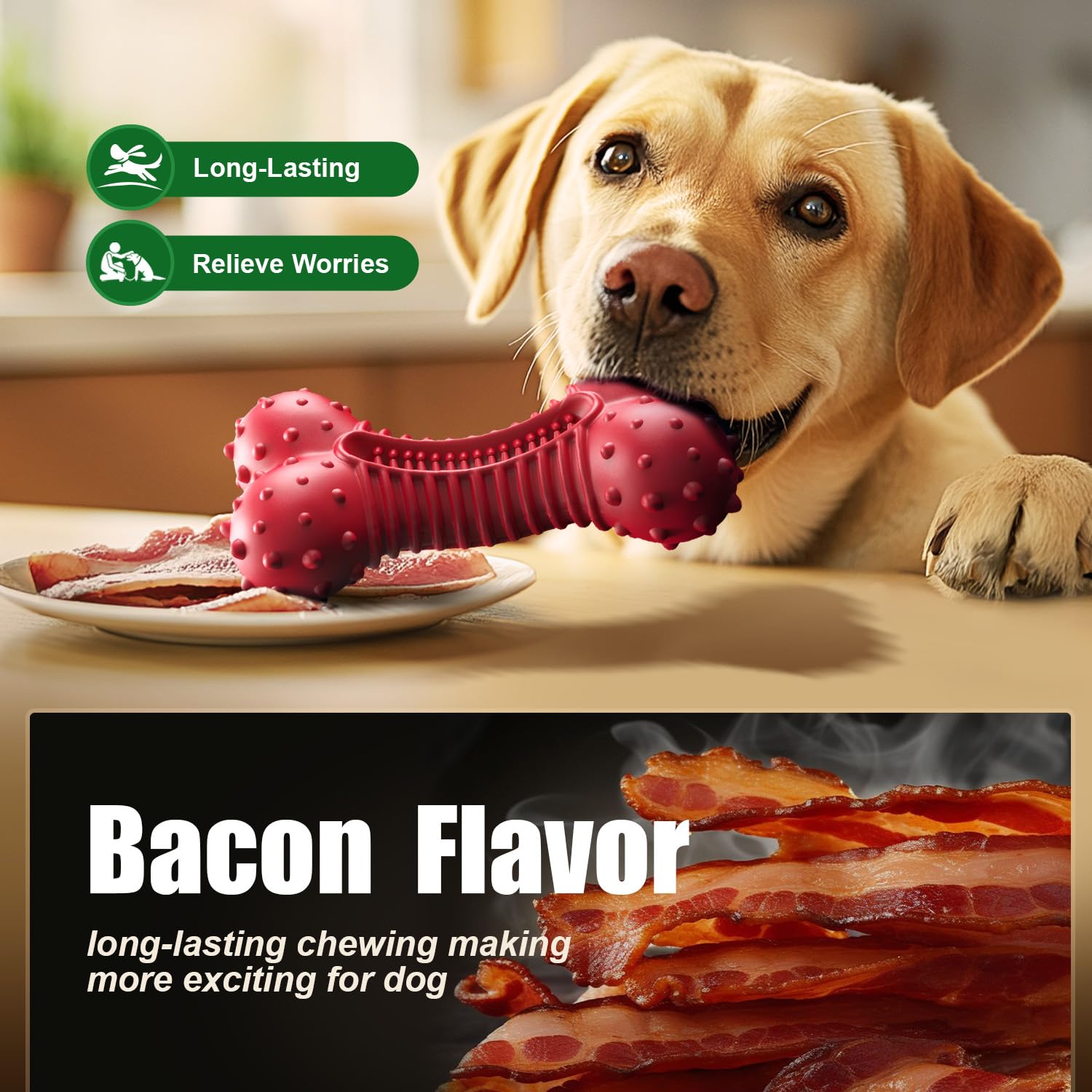 Ouilter Dog Toys For Aggressive Chewers, Dog Chew Toys For Medium Large Dogs, Durable Natural Rubber Dog Toys With Bacon Flavor,