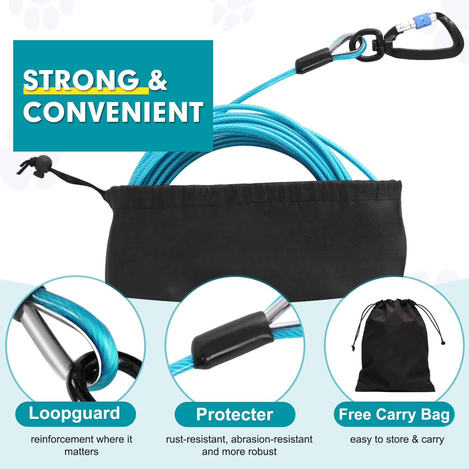 Snagle Paw Dog Lead Cable 20Ft,Heavy Duty Outside Dog Leash Cable With Shock Absorbing Spring & Swivel Hook,Dog Tether For Yard,