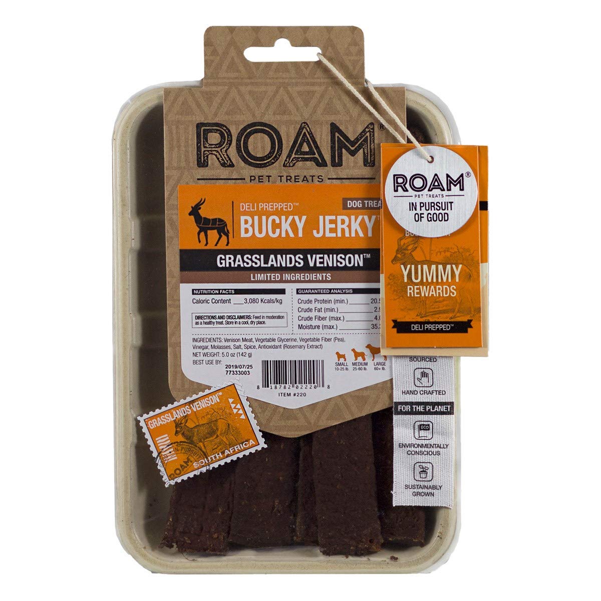 ROAM Pet Treats Bucky Jerky Dog Treats, 5 Ounces, Made from Grasslands Venison with Limited Ingredients, Model Number: 66023