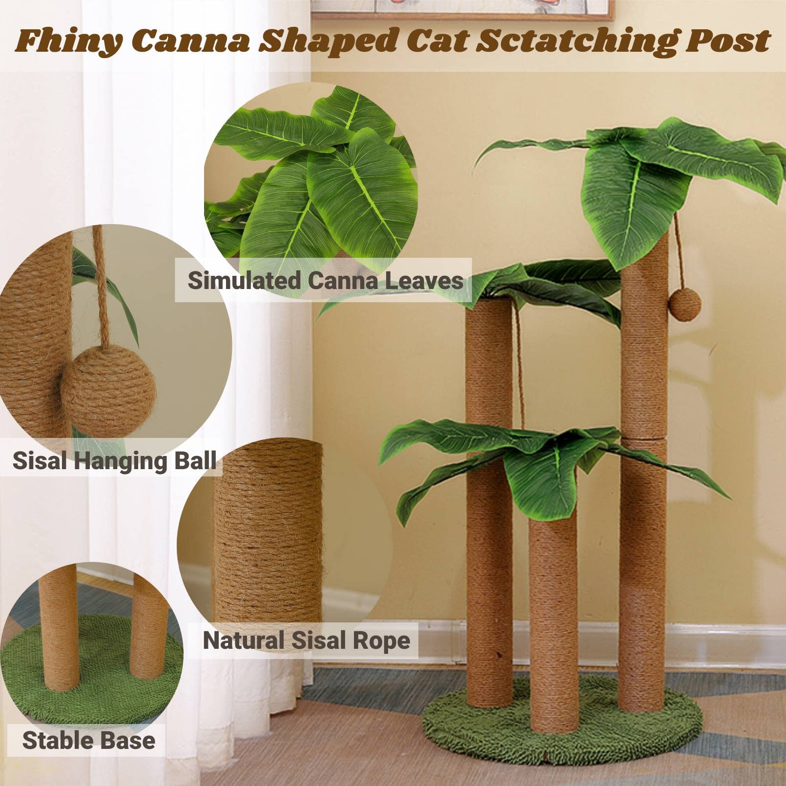 Fhiny 35.4'Tall Cat Scratching Post, Cat Scratcher With 3 Scratching Poles For Adult Kitten Scratching Tree Hanging Ball Toy Cute Canna Vertical Kitty Activity Center For Indoor Large Cat Kitty Rabbit