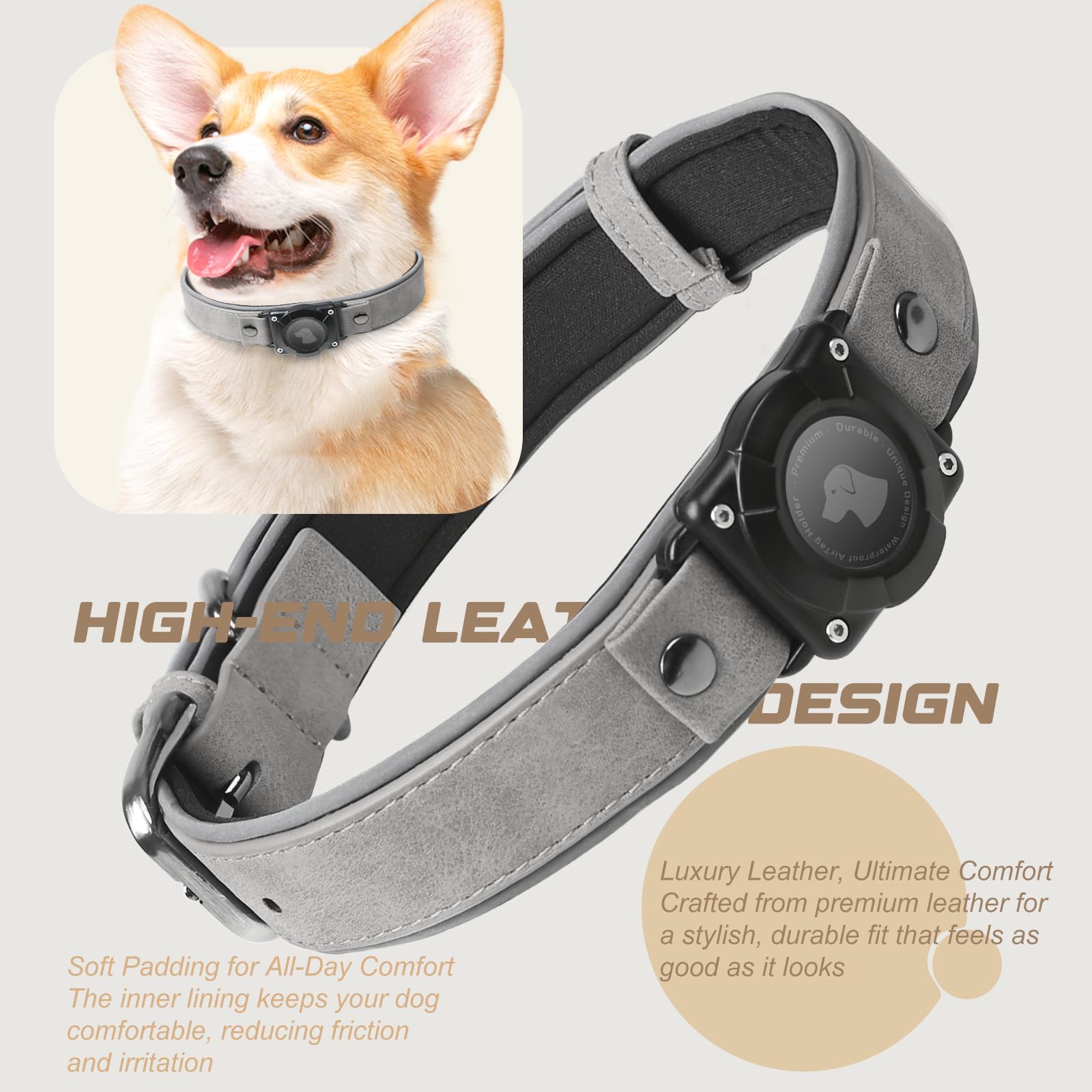 Airtag Dog Collar - Leather Dog Collar With Air Tag Holder | Ipx8 Waterproof, Reflective, High - End, Adjustable Soft Padded | D