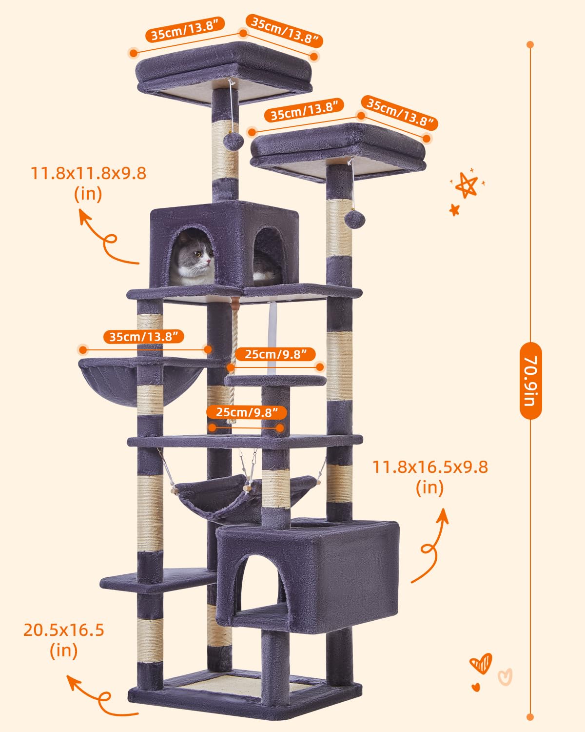 Taoqimiao Cat Tree, 71-Inch Cat Tree Cat Tower For Indoor Cats, Plush Multi-Level Cat Condo With 10 Scratching Posts, 2 Perches,