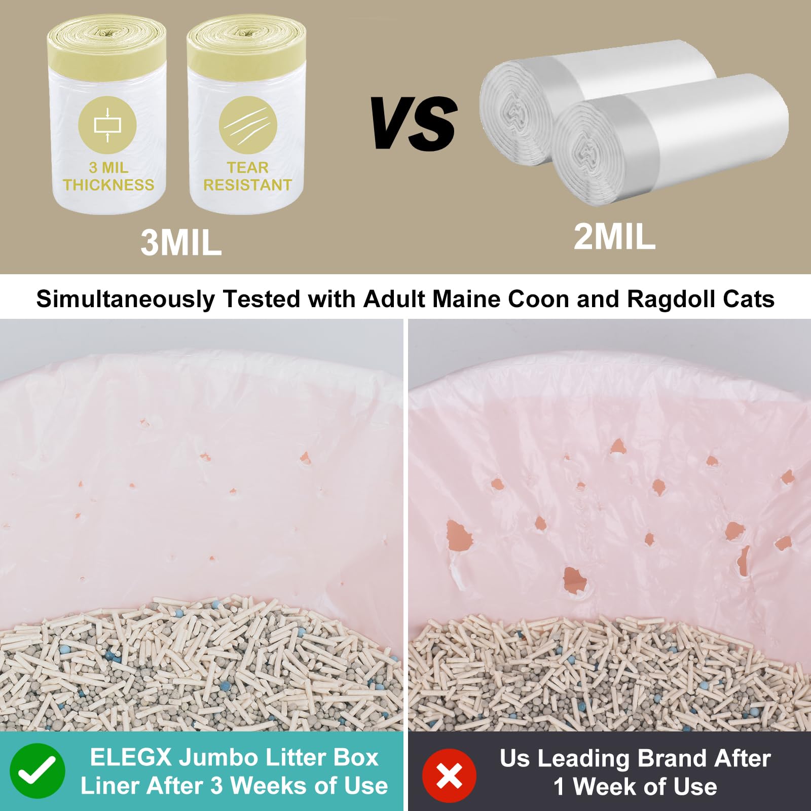 Elegx 40 Count Litter Box Liners,Hdpe Material 3Mil Extra Thick Heavy Duty 46'' X 18'' Jumbo Drawstring Cat String Liners,Compat