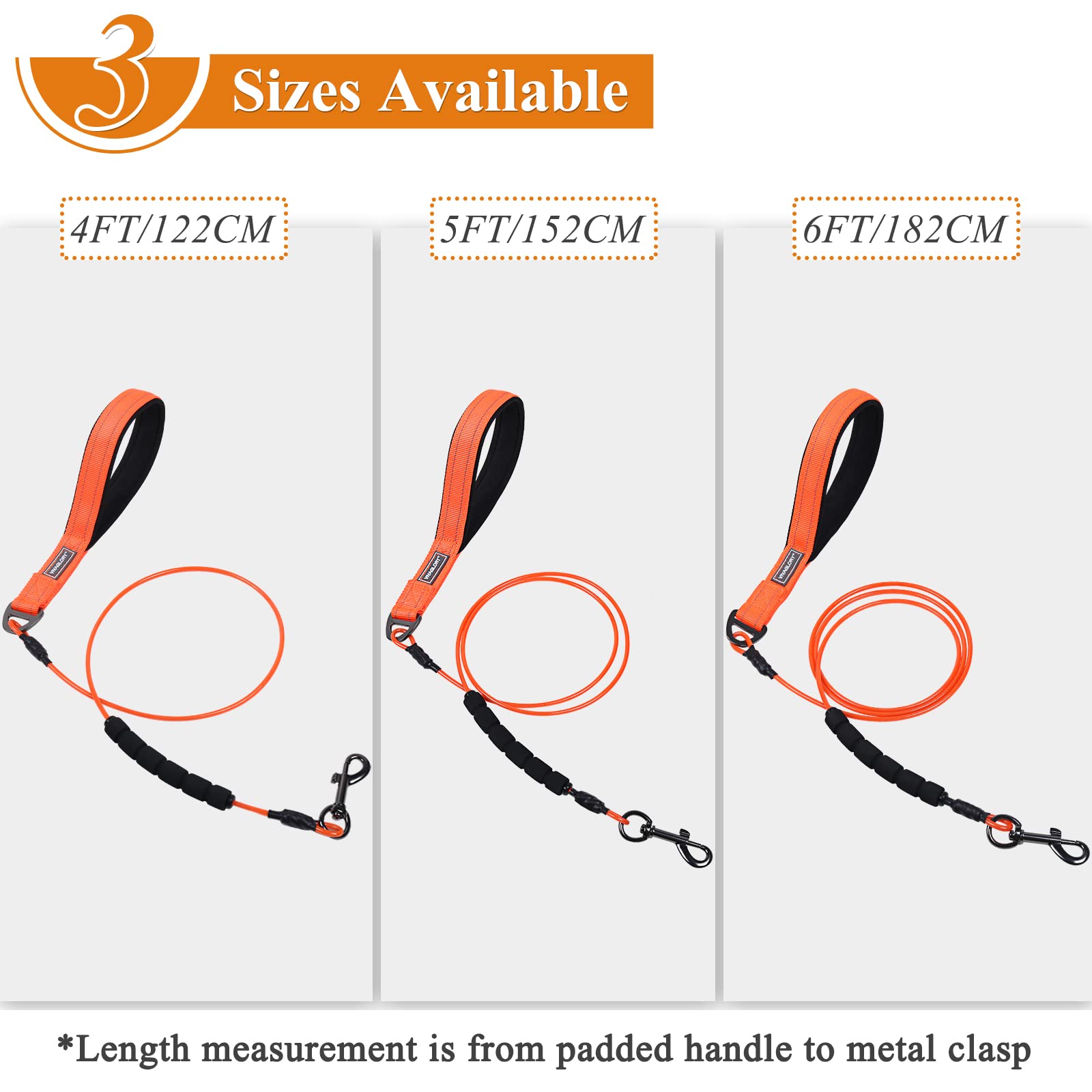Vivaglory Chew Proof Dog Leash, Soft Foam Reflective Padded Handle Dog Chain Leashes, Waterproof Non Chewable Dogs Metal Leash, Stainless Steel Wire Rope Lead For Small Medium Large Dogs, 6Ft, Orange