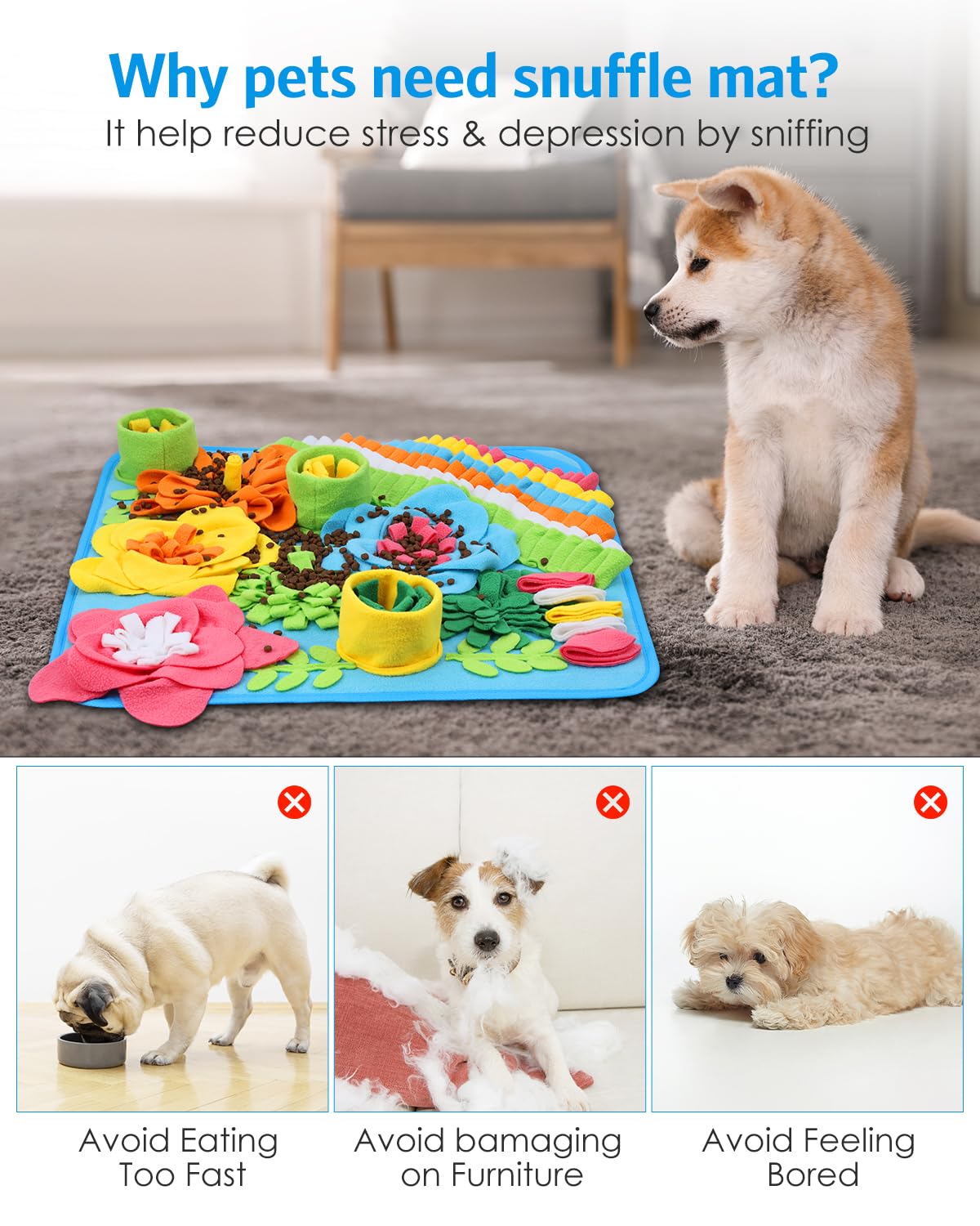 Snuffle Mat For Dogs, 20'' X 20'' Interactive Sniff Mat Smell Training & Slow Eating For Mental Stimulation & Stress Relief, Enc