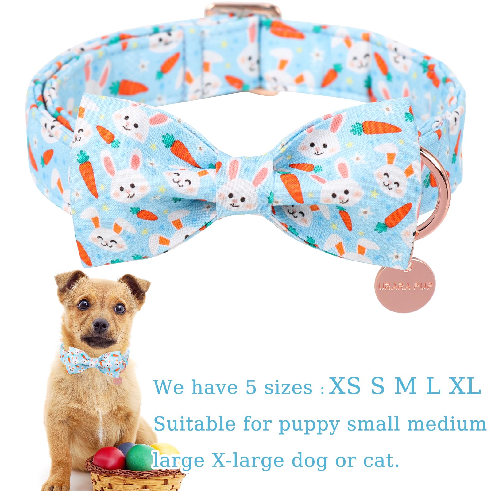 Up Urara Pup Easter Dog Collar With Bow Tie, Cotton Carrot Bowtie For Large Girl Boy Dog, Cute Bunny Pet Collar With Metal Buckl