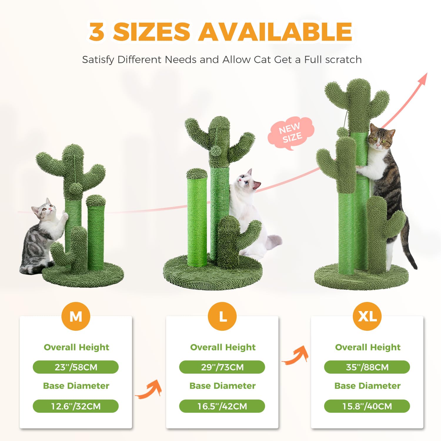 Pawz Road Cat Scratching Post Cactus Cat Scratcher Featuring With 3 Scratching Poles And Interactive Dangling Ball -Medium 23 Inches