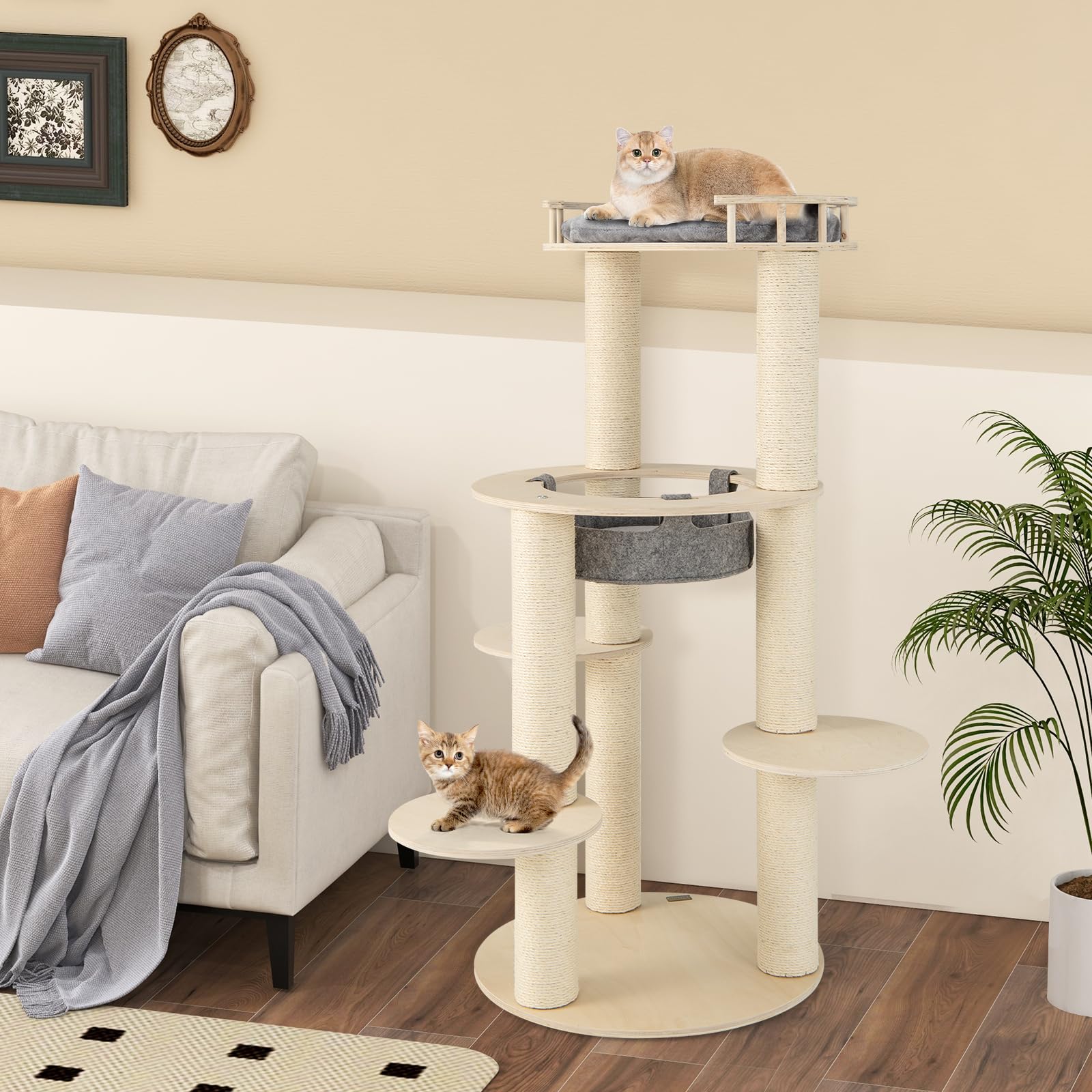 Petsite 59 Inch Tall Cat Tree Tower, Multi-Level Cat Tower With Sisal Scratching Posts, Non-Woven Cat Hammock, Cozy Top Perch, A