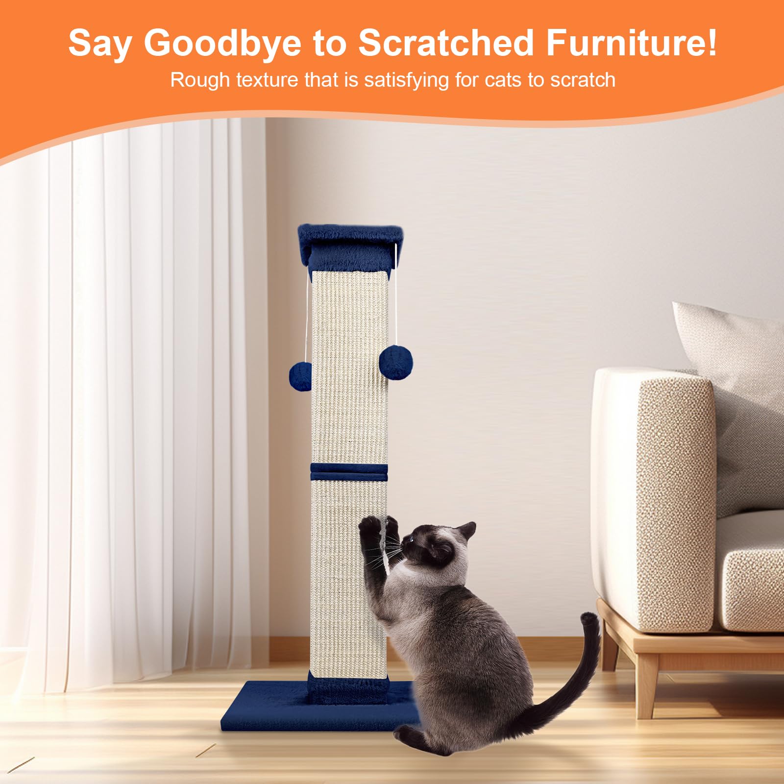 Cat Scratching Post 33 Inch Nature Sisal Cat Scratch Post For Indoor Cats, Large Cat Scratcher Protect Your Furniture, For All B