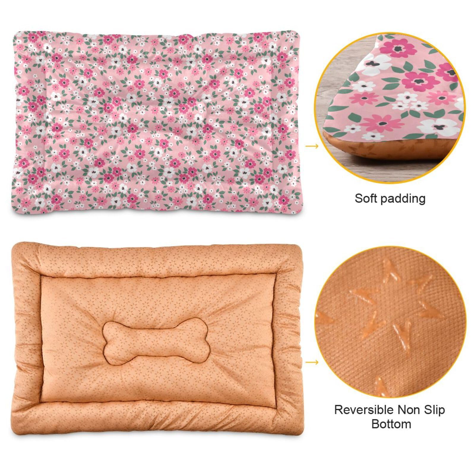 Coikll Pink Floral Pet Bed Pad Soft Dog Bed Mat With Anti-Slip Bottom, Machine Washable Crate Pad Mattress For Dog Sleeping