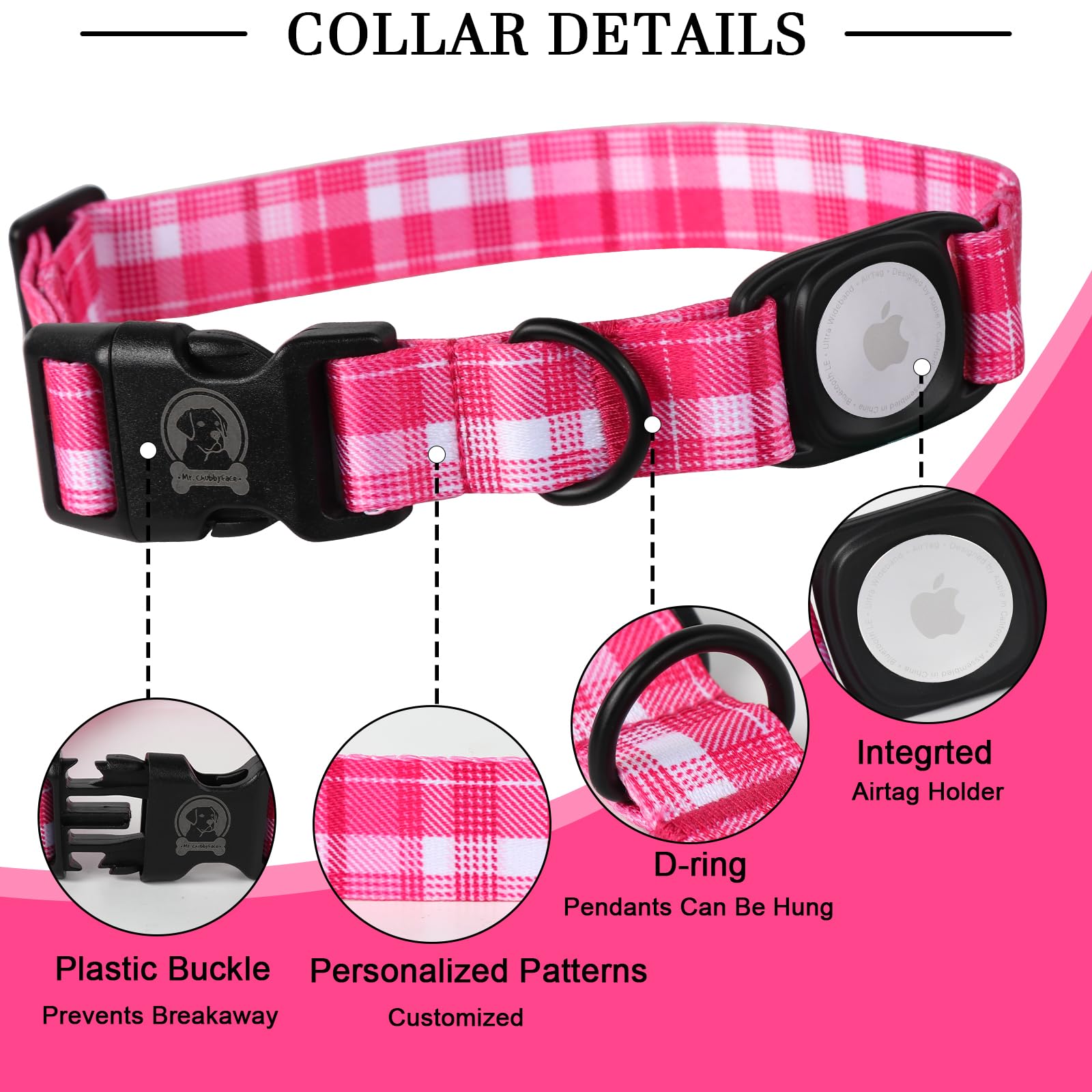 Mr.Chubbyface Dog Collar With Apple Airtag Holder Red And White Plaid Dog Collar For Small Medium Large Boy Girl Dogs