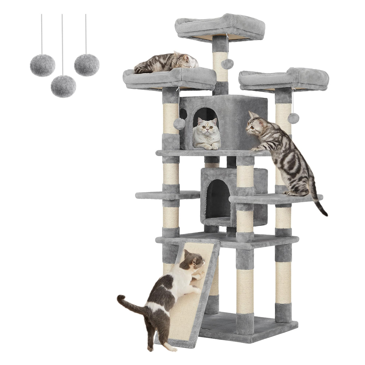 Feandrea 67-Inch Multi-Level Cat Tree For Large Cats, With Cozy Perches, Stable, Light Gray Upct18W