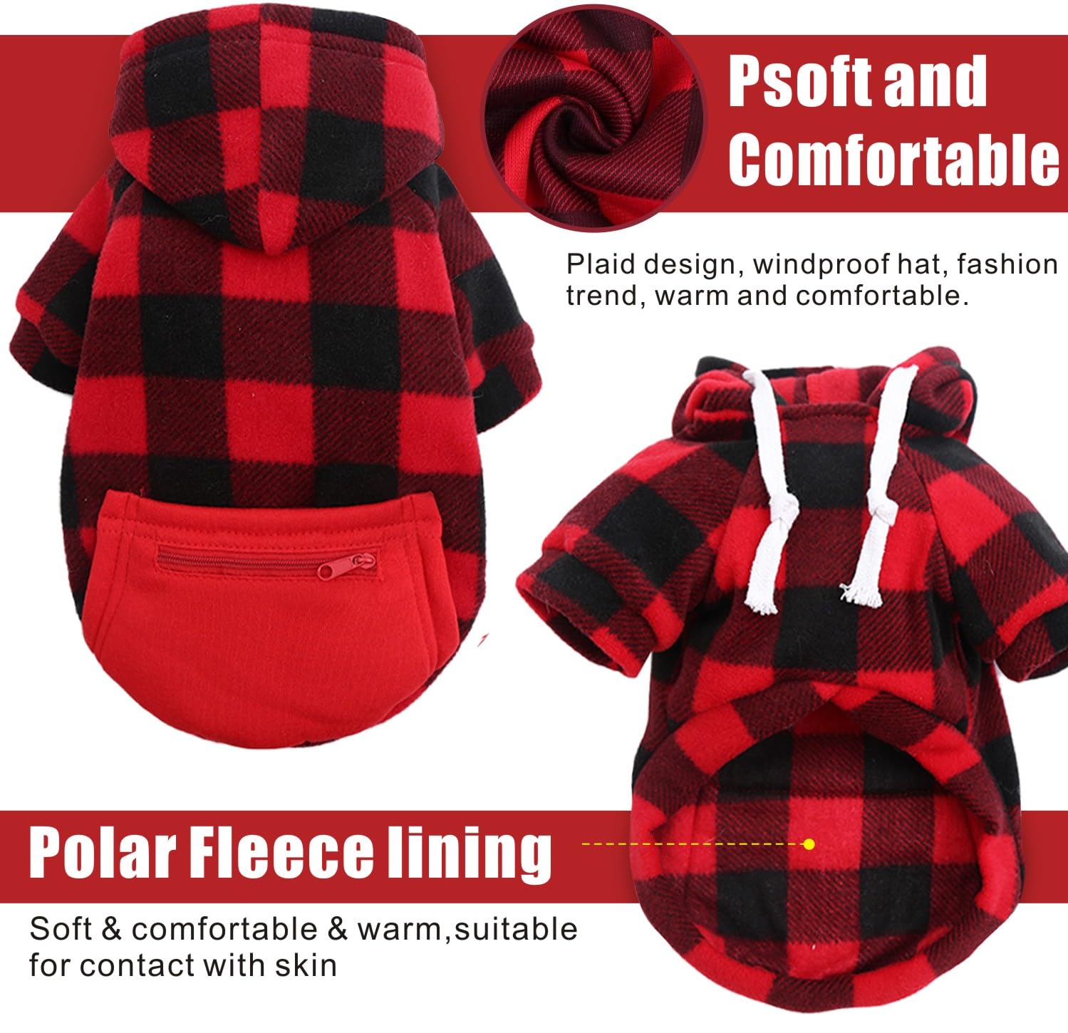 Mrcopetal Plaid Dog Sweatshirt - Soft Brushed Fleece Hoodie With Zipper Pocket For Dogs Winter Coat Cotton Pet Hoodie Small To 5