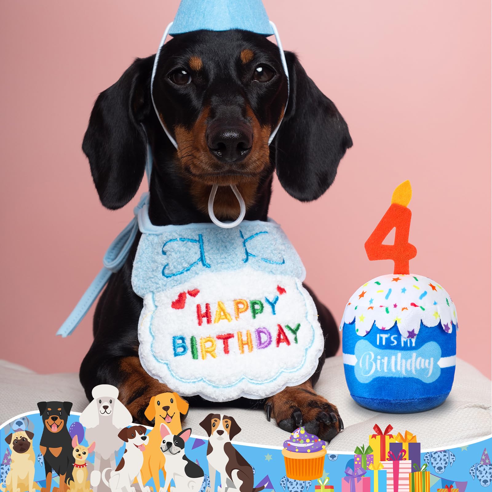 Dansydaisy Dog 4Th Birthday Cake Toy Accessories For Girl Boy Gifts, Blue Squeaky Plush Toy For Dog Birthday Party Decor Favor F