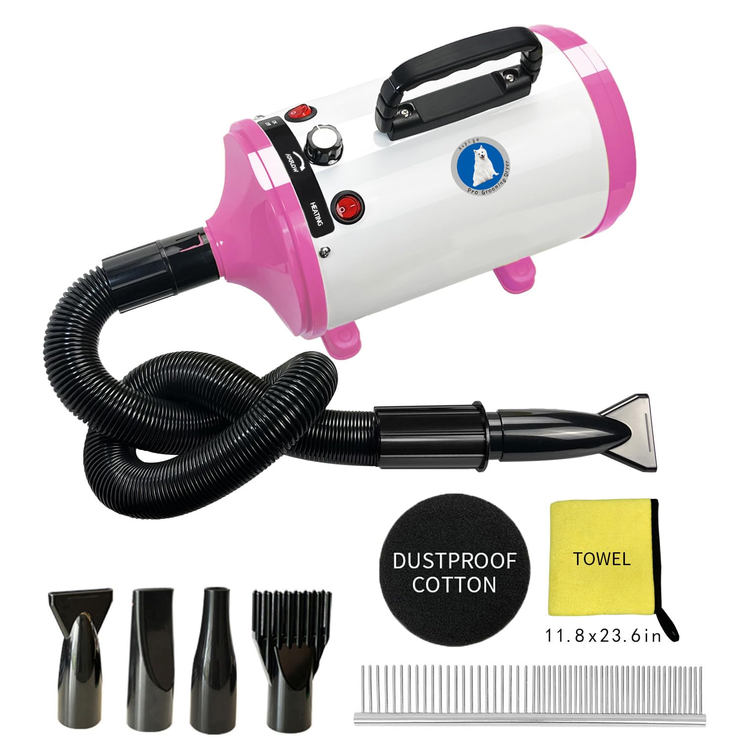 Dog Dryer, Dog Hair Dryer Blower Dog Blow Dryer And Temperature Control Pet Blower Dryer With 4 Different Nozzles. (White Pink)