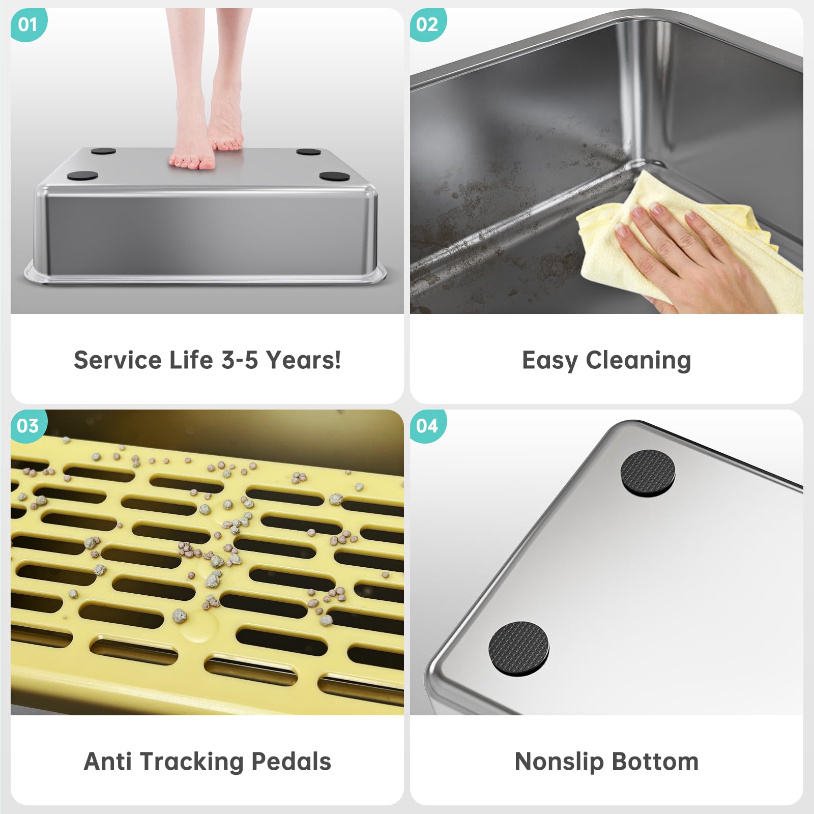 Stainless Steel Litter Box With High Side, Xxl Extra Large Cat Litter Box For Big Cats & Multiple Cats, Non-Sticky, No Urine Lea