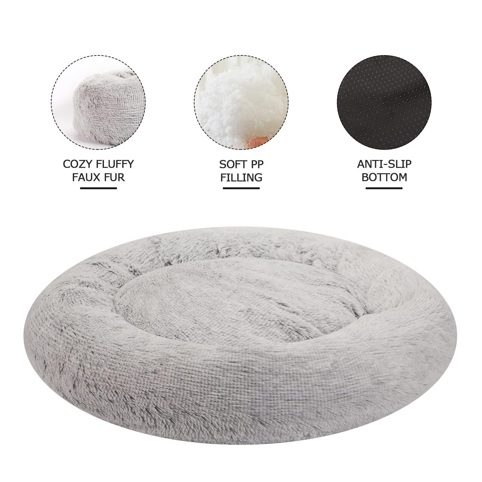 Bedfolks Calming Donut Dog Bed, 30 Inches Round Fluffy Dog Beds For Medium Dogs, Anti-Anxiety Plush Dog Bed, Machine Washable Pet Bed (Light Grey, Medium)