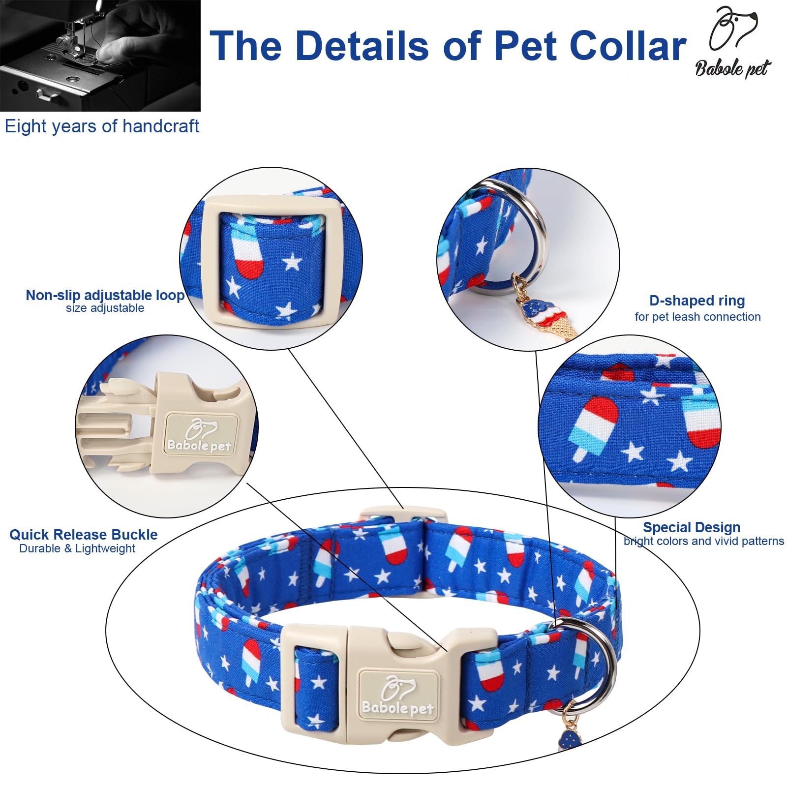 Babole Pet 4Th Of July Dog Collar, Summer Popsicle Patriotic Dog Collars For Giant Large Dogs, Adjustable Lightweight Quick-Rele