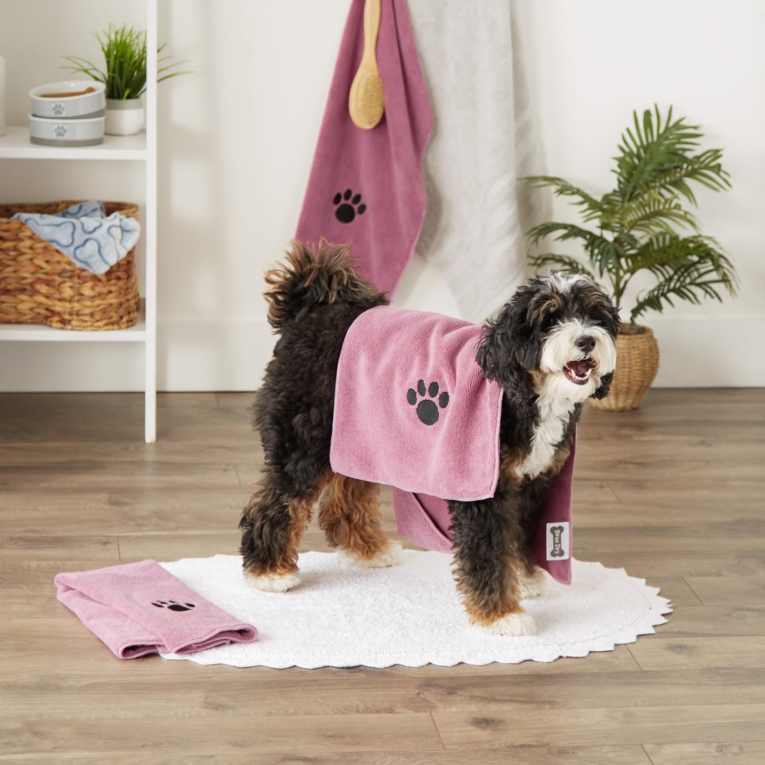 Bone Dry Pet Robe Collection, Trellis Paw Print, Absorbent Microfiber Bath Robe with Adjustable Closure for Dogs & Cats, Small, Stonewash Blue