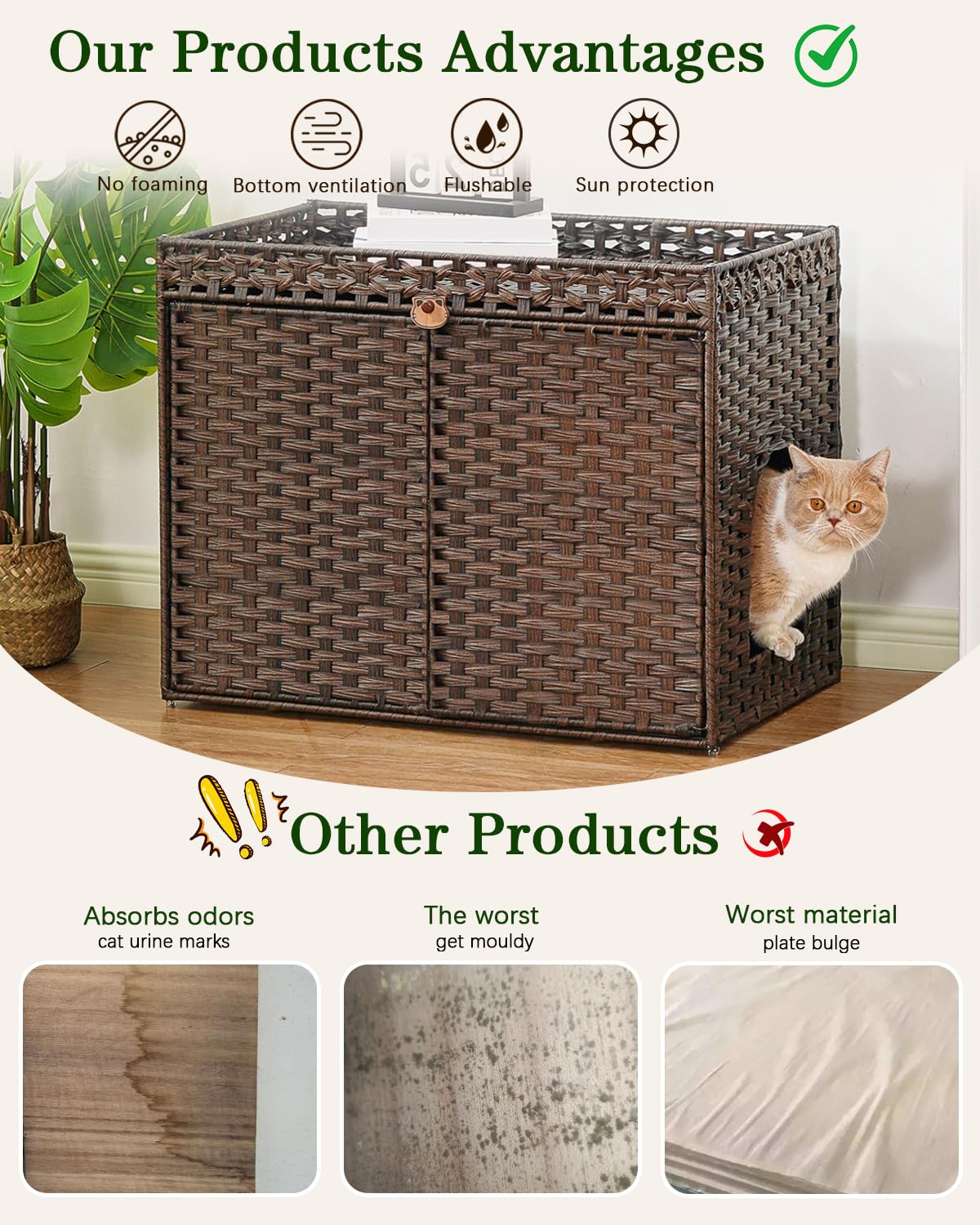 Setvson Cat Litter Box Enclosure Furniture, Handwoven Rattan Hidden Litter Box With Mat, Large Space Cat House With 2 S-Shaped H