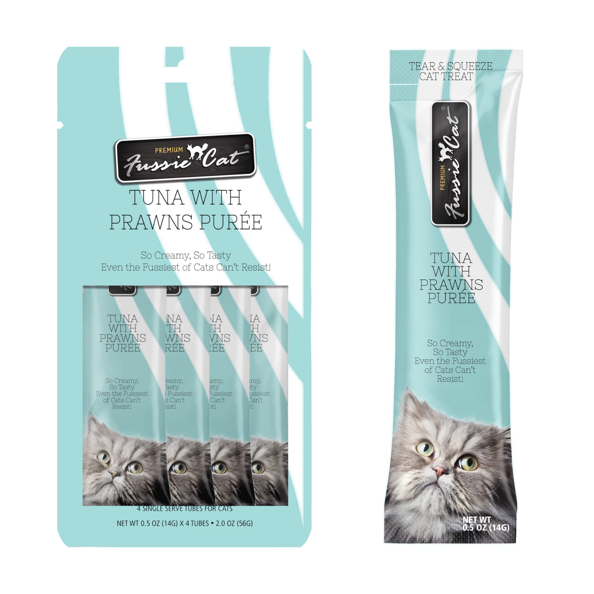 Fussie Cat Tuna with Prawns Puree, lickable cat Treats, 0.5oz Pouch Pack of 4